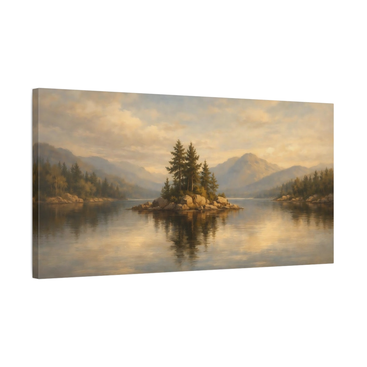 Side Mockup 2. Nature Lake Island Golden Lake Landscape shown as stretched canvas wall art