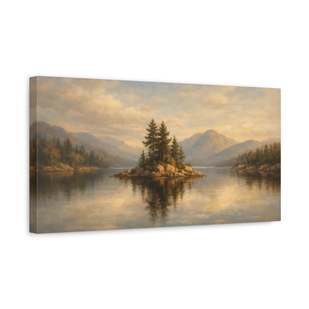 Side Mockup 3. Nature Lake Island Golden Lake Landscape shown as stretched canvas wall art