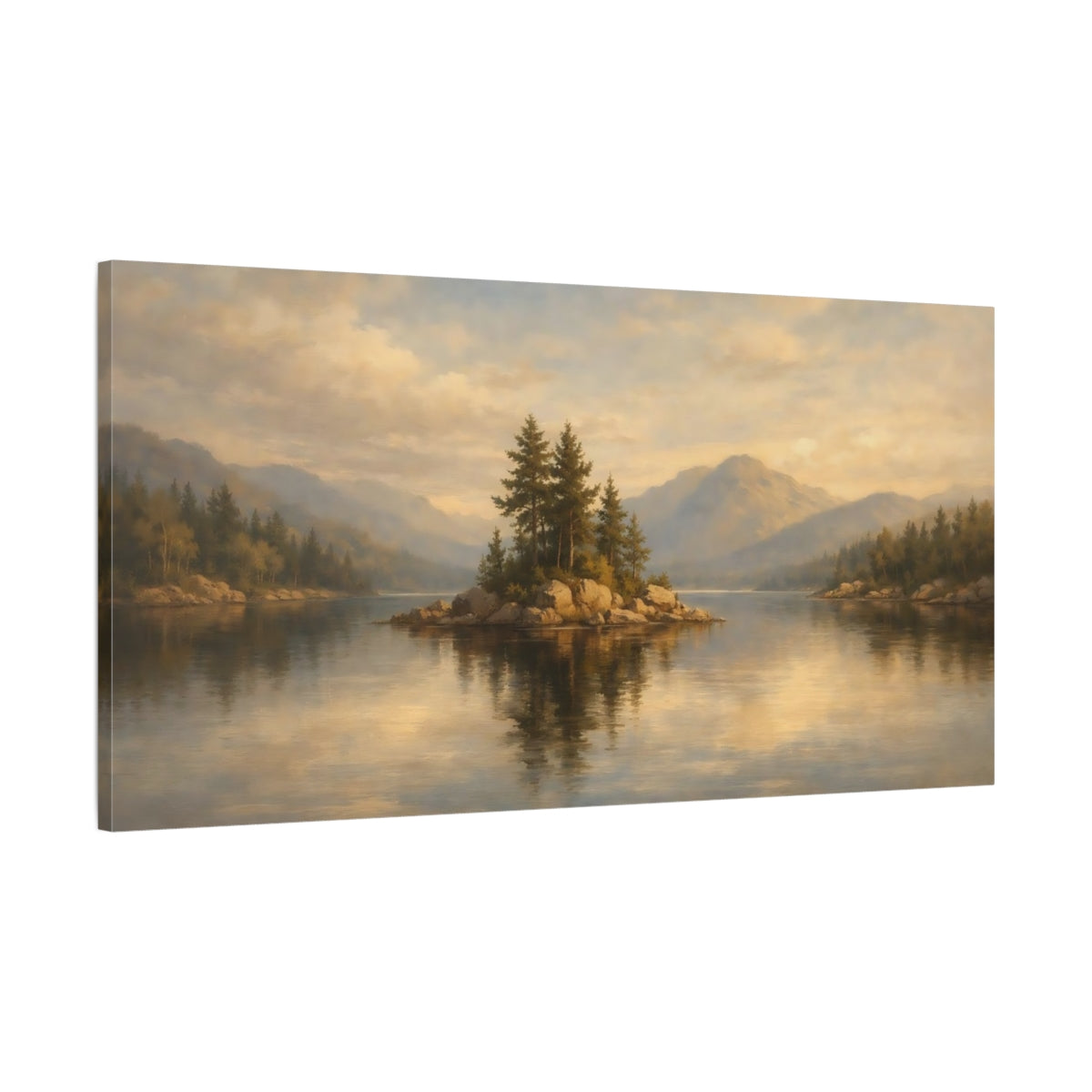 Side Mockup 1. Nature Lake Island Golden Lake Landscape shown as stretched canvas wall art