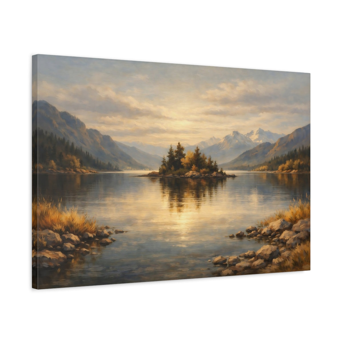 Side Mockup 2. Nature Lake Island Golden Lake Landscape shown as stretched canvas wall art