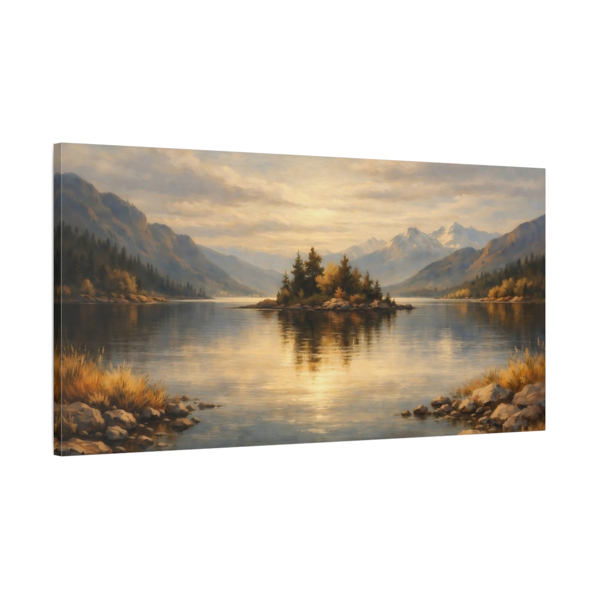 Side Mockup 1. Nature Lake Island Golden Lake Landscape shown as stretched canvas wall art