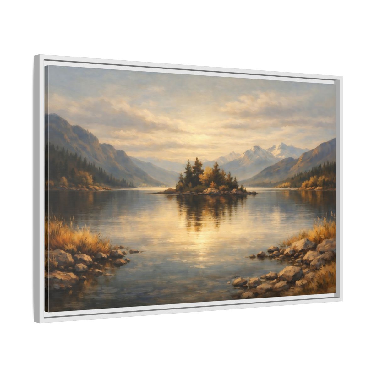 Side Mockup 8. Nature Lake Island Golden Lake Landscape shown as stretched canvas wall art