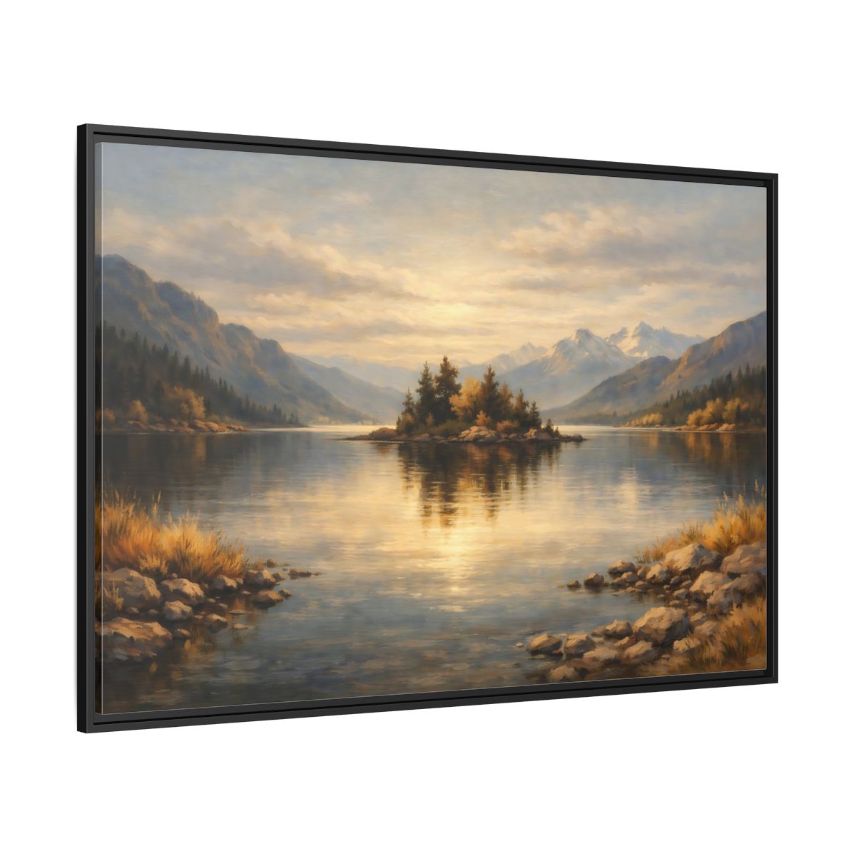 Side Mockup 12. Nature Lake Island Golden Lake Landscape shown as stretched canvas wall art