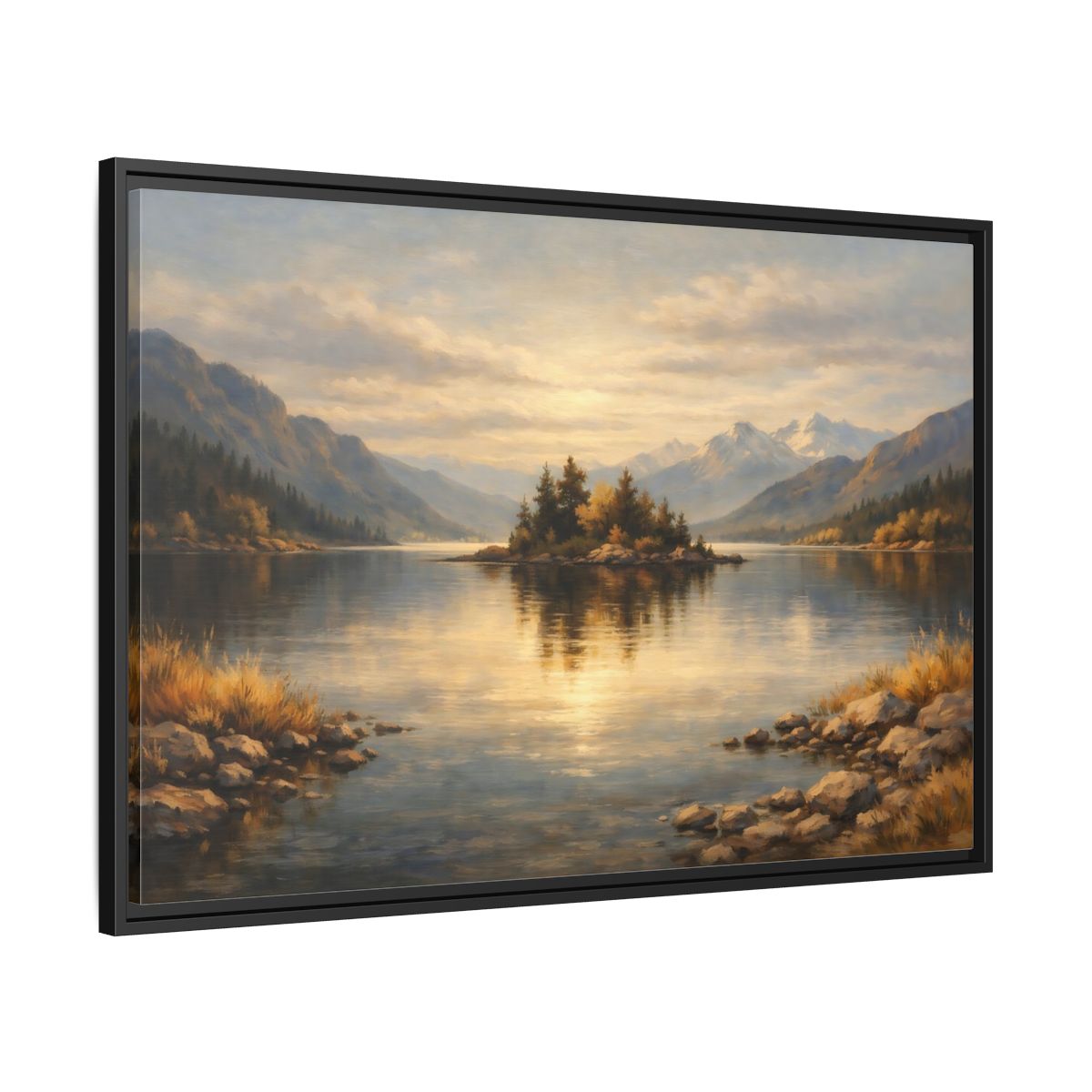 Side Mockup 13. Nature Lake Island Golden Lake Landscape shown as stretched canvas wall art