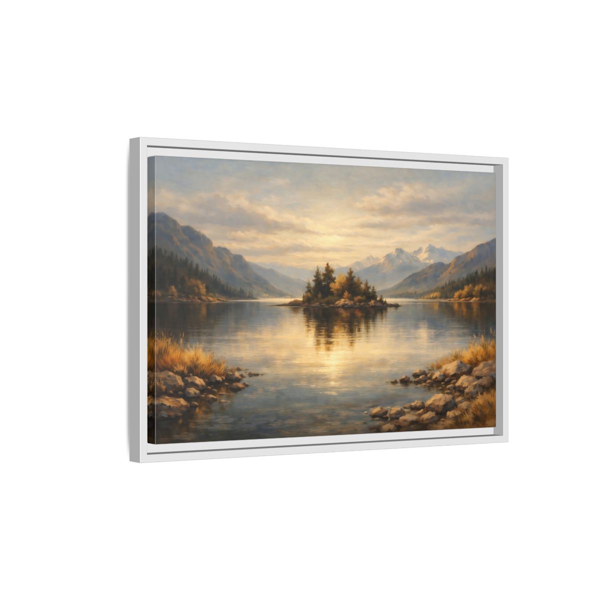 Side Mockup 1. Nature Lake Island Golden Lake Landscape shown as stretched canvas wall art