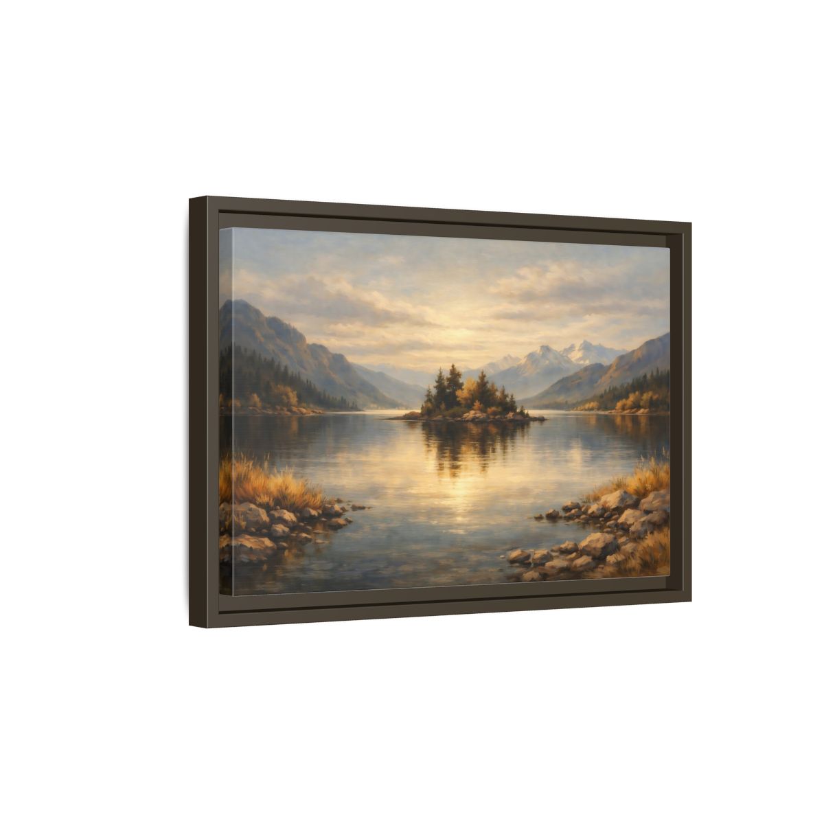 Side Mockup 5. Nature Lake Island Golden Lake Landscape shown as stretched canvas wall art