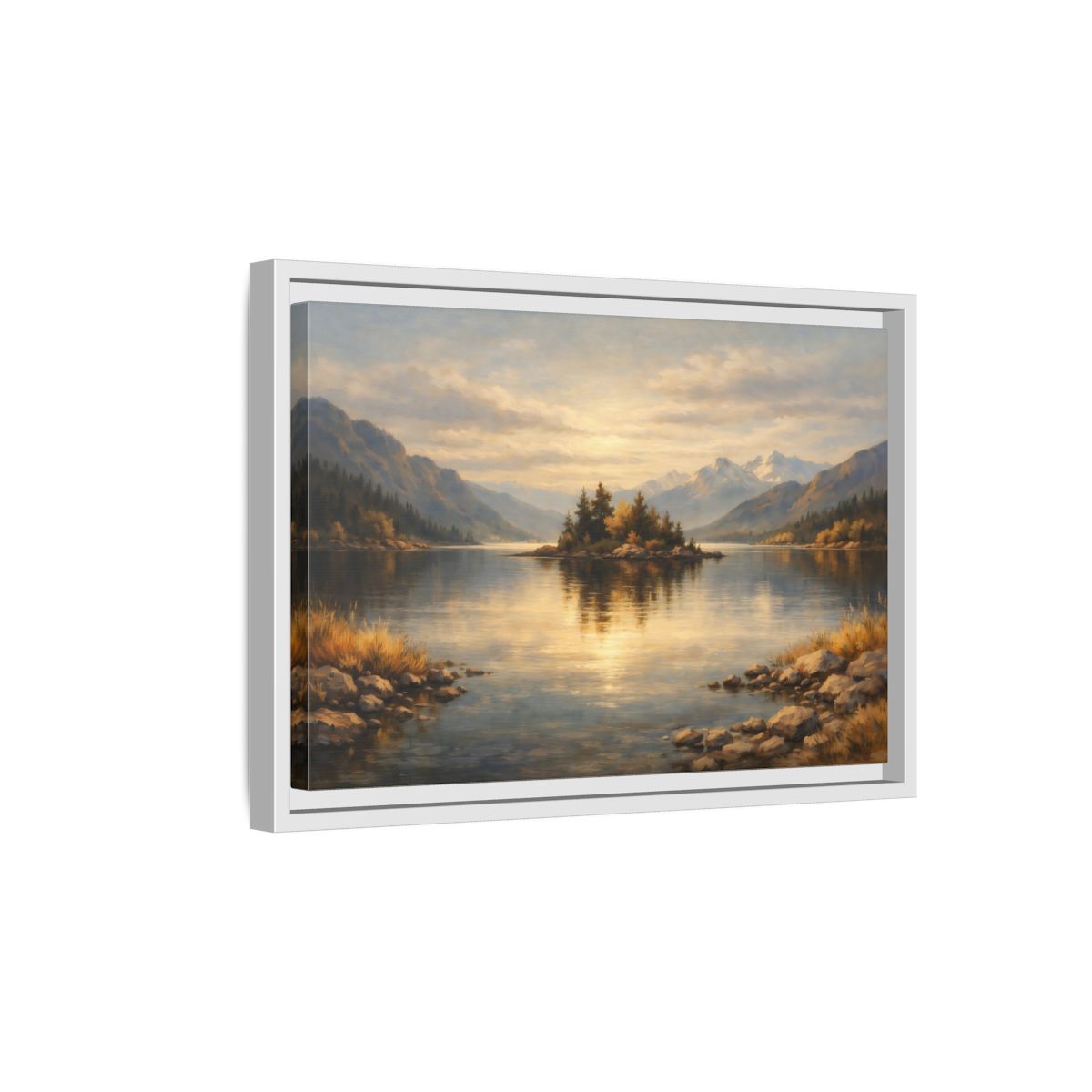 Side Mockup 4. Nature Lake Island Golden Lake Landscape shown as stretched canvas wall art