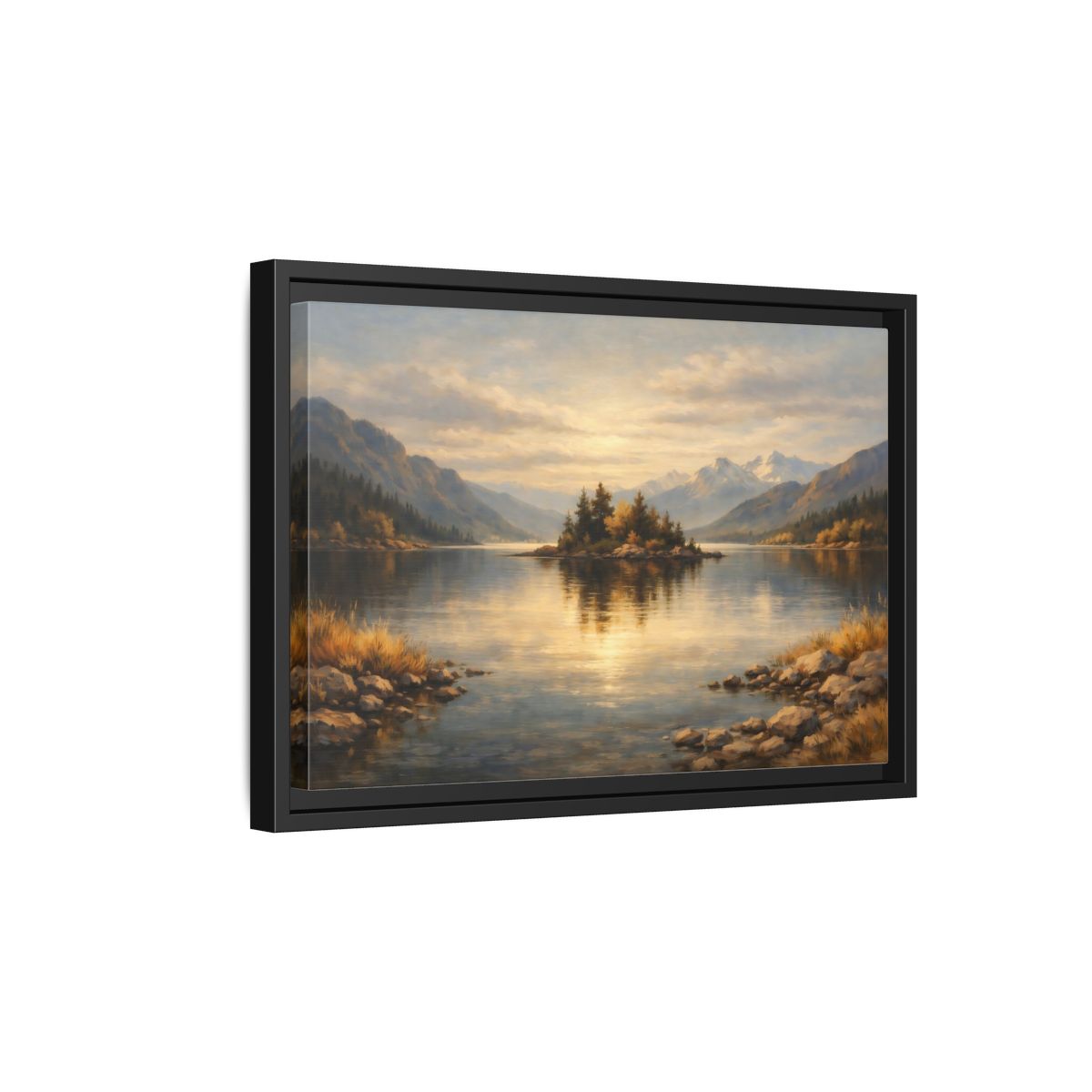 Side Mockup 6. Nature Lake Island Golden Lake Landscape shown as stretched canvas wall art