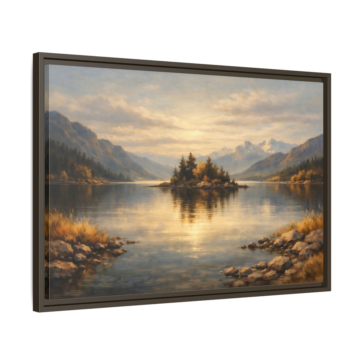 Side Mockup 11. Nature Lake Island Golden Lake Landscape shown as stretched canvas wall art