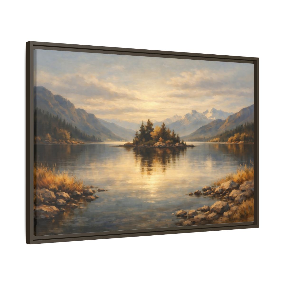 Side Mockup 9. Nature Lake Island Golden Lake Landscape shown as stretched canvas wall art