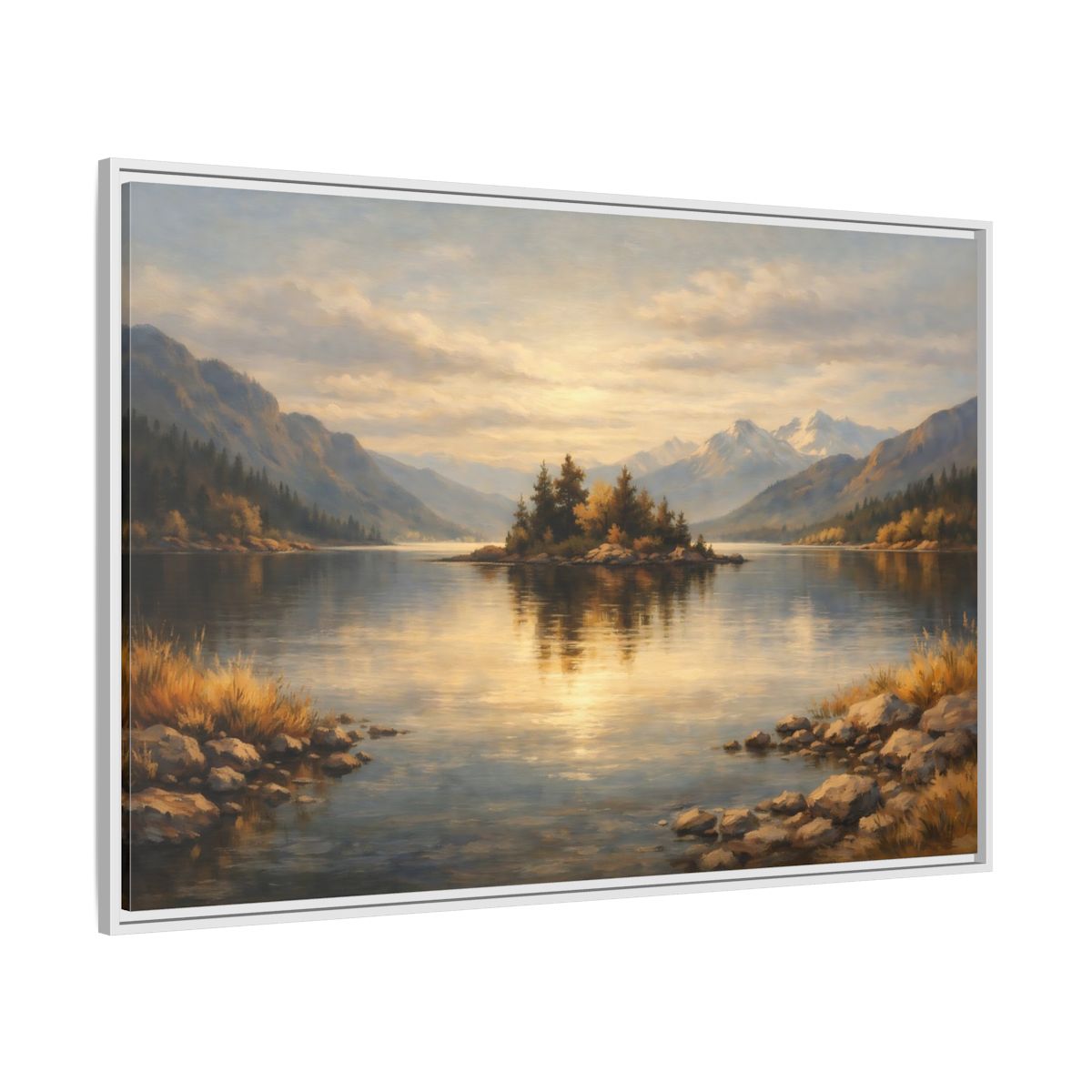 Side Mockup 7. Nature Lake Island Golden Lake Landscape shown as stretched canvas wall art