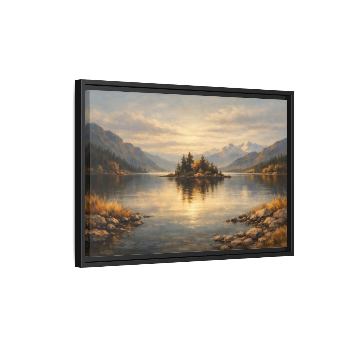 Side Mockup 3. Nature Lake Island Golden Lake Landscape shown as stretched canvas wall art