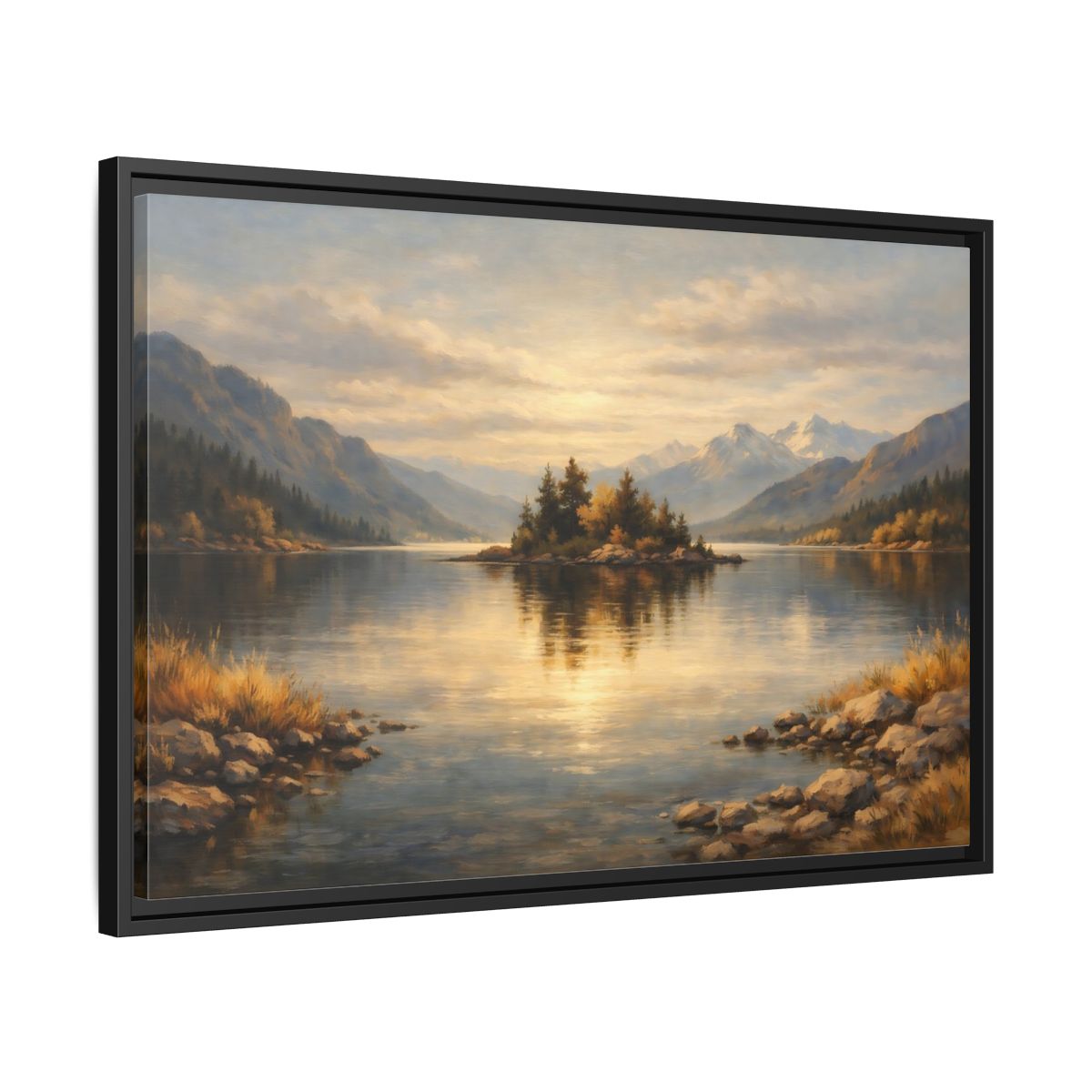 Side Mockup 14. Nature Lake Island Golden Lake Landscape shown as stretched canvas wall art