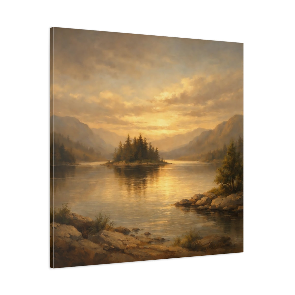 Main Mockup. Nature Lake Island Golden Mountain Lake shown as stretched canvas wall art