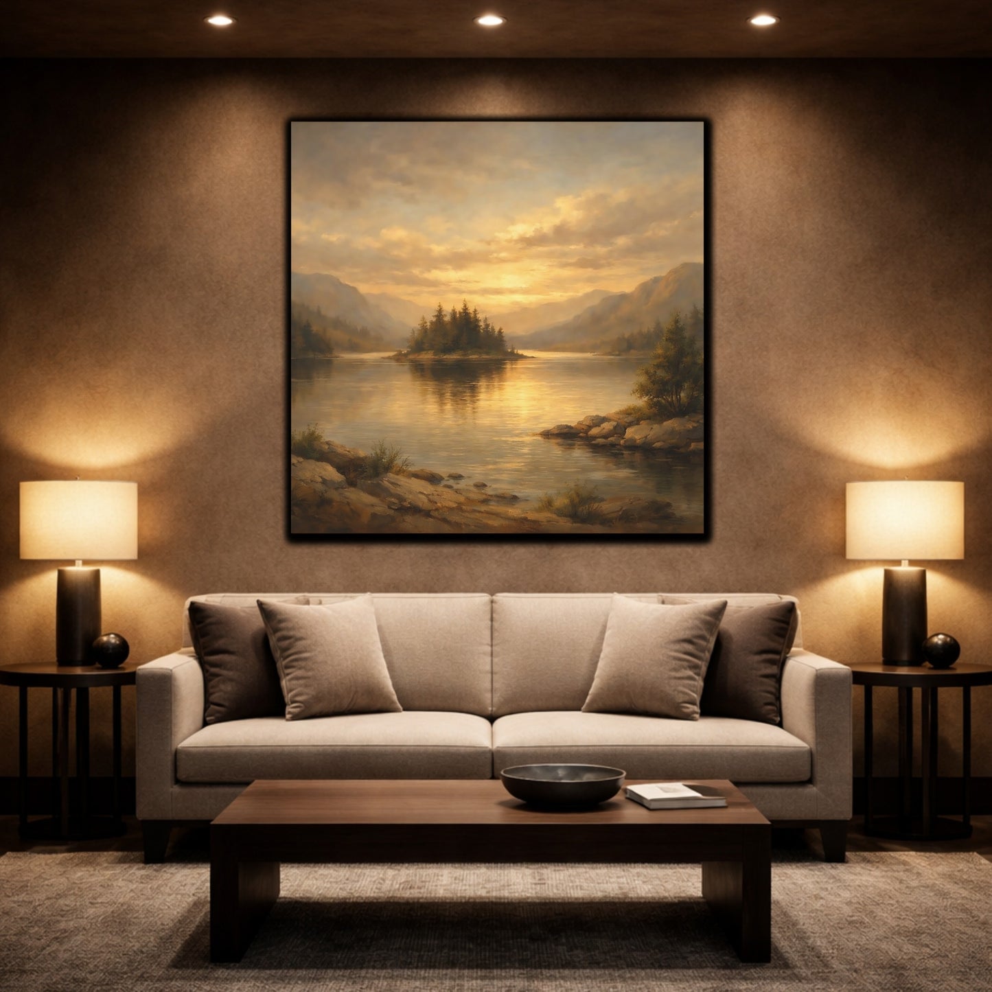 Mockup 2. Nature Lake Island Golden Mountain Lake shown as stretched canvas wall art