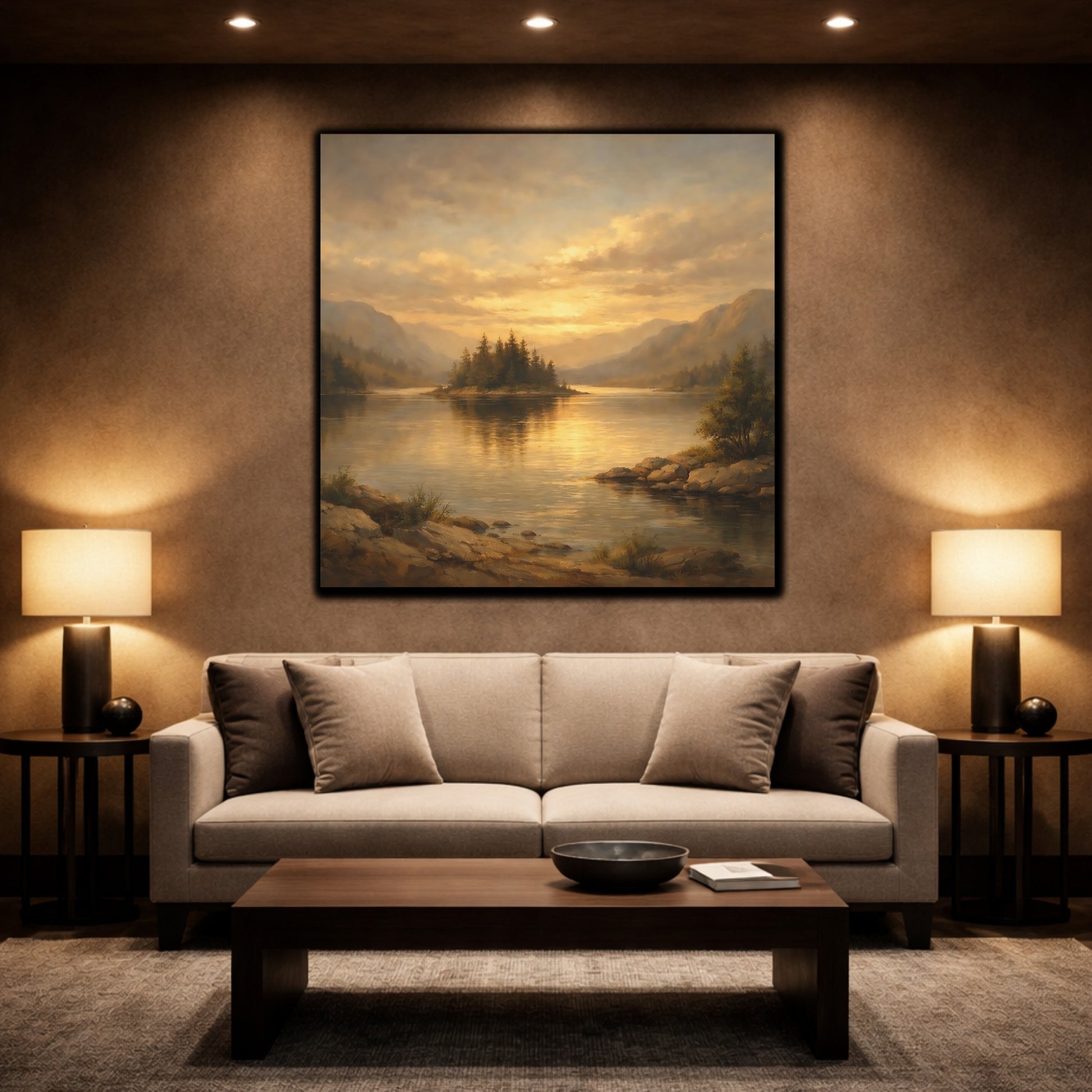 Mockup 2. Nature Lake Island Golden Mountain Lake shown as stretched canvas wall art