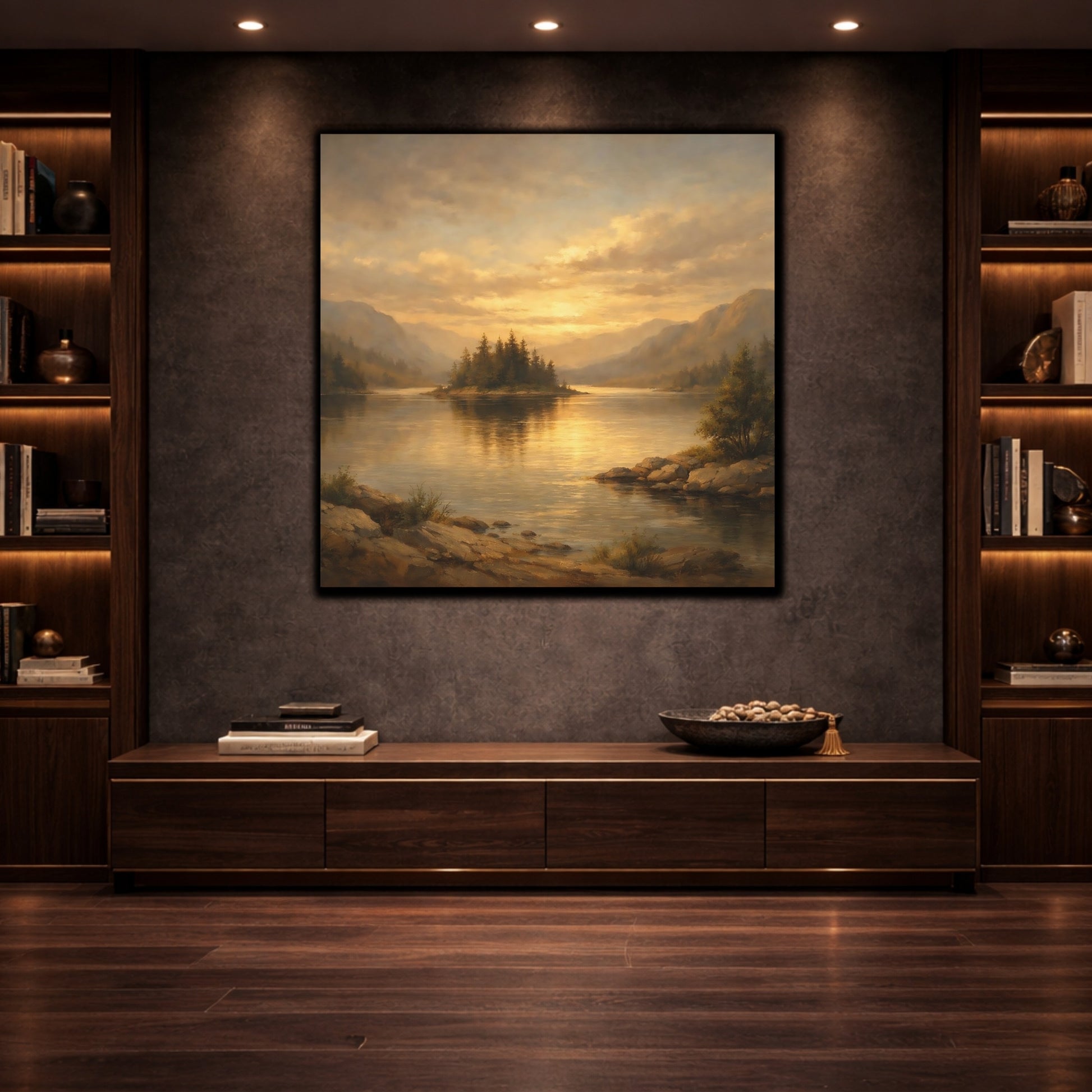Mockup 3. Nature Lake Island Golden Mountain Lake shown as stretched canvas wall art