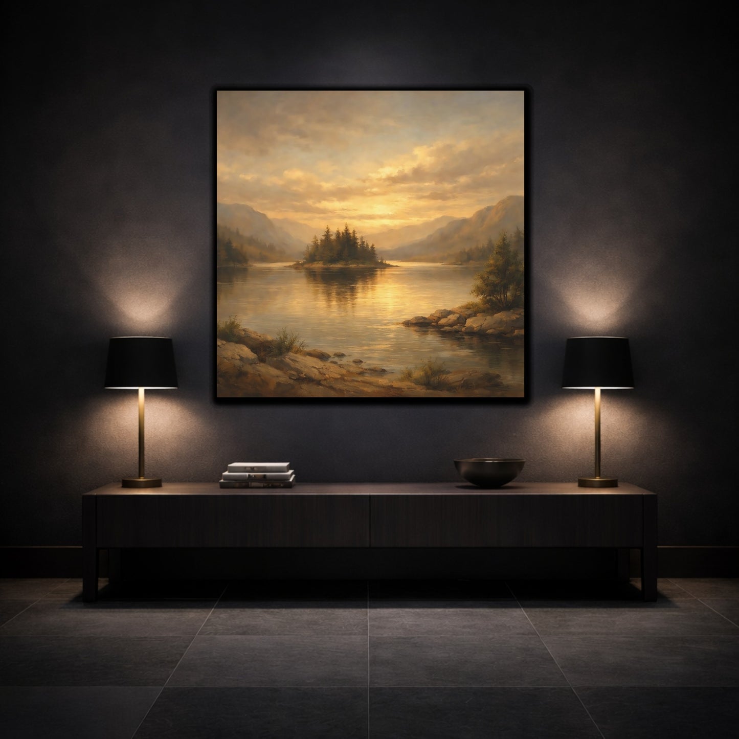 Mockup 4. Nature Lake Island Golden Mountain Lake shown as stretched canvas wall art