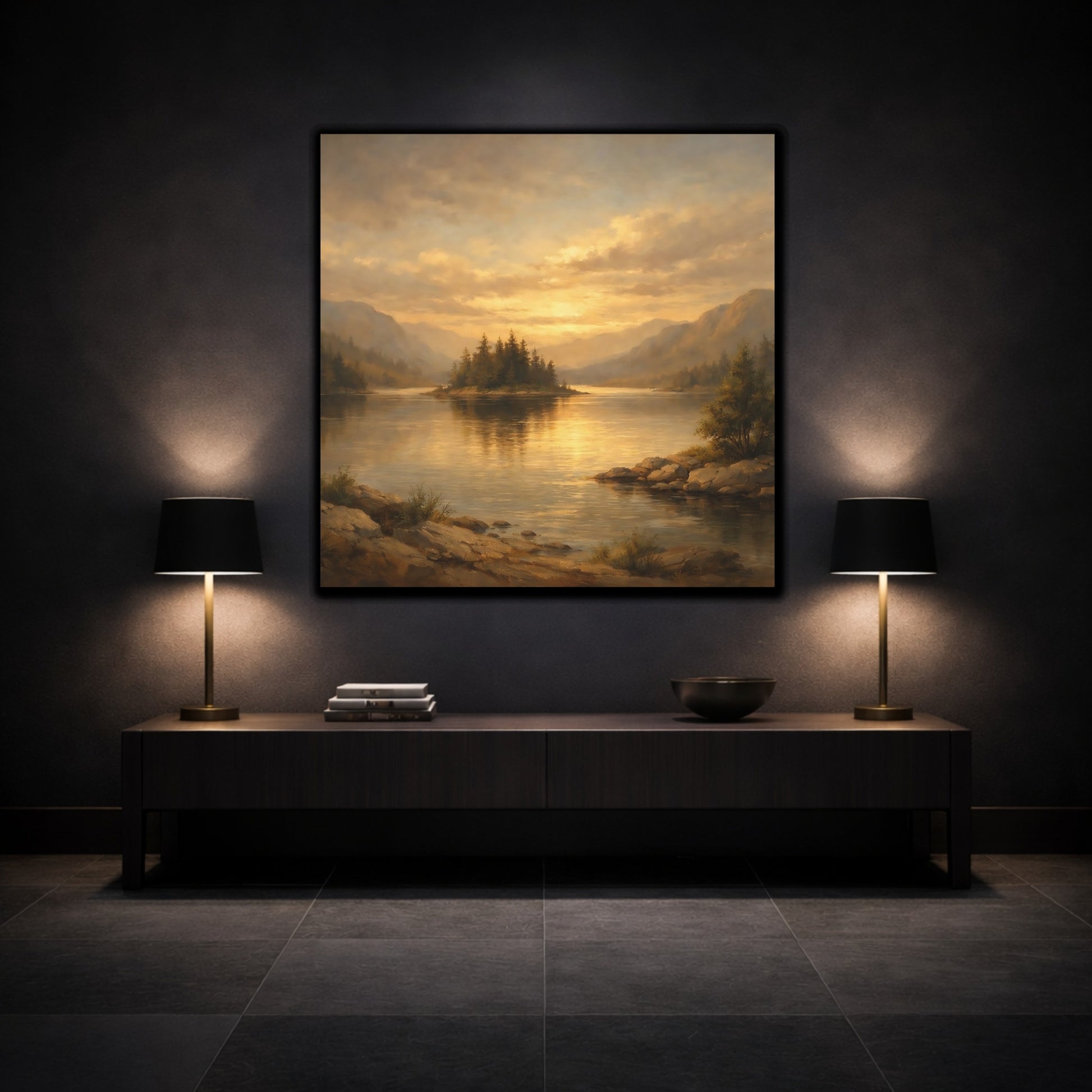 Mockup 4. Nature Lake Island Golden Mountain Lake shown as stretched canvas wall art