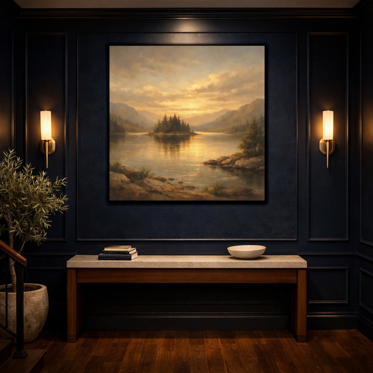Mockup 5. Nature Lake Island Golden Mountain Lake shown as stretched canvas wall art