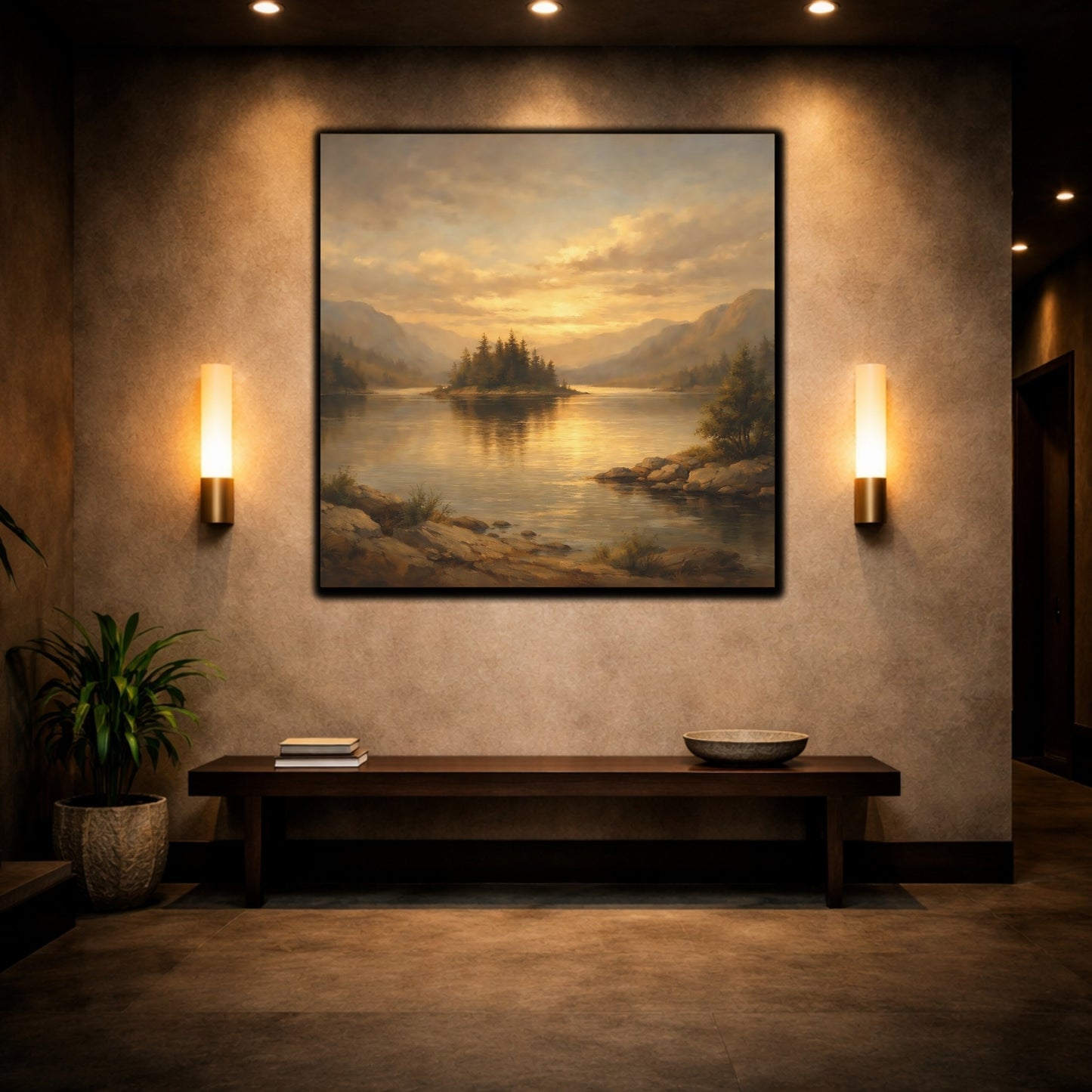 Mockup 6. Nature Lake Island Golden Mountain Lake shown as stretched canvas wall art