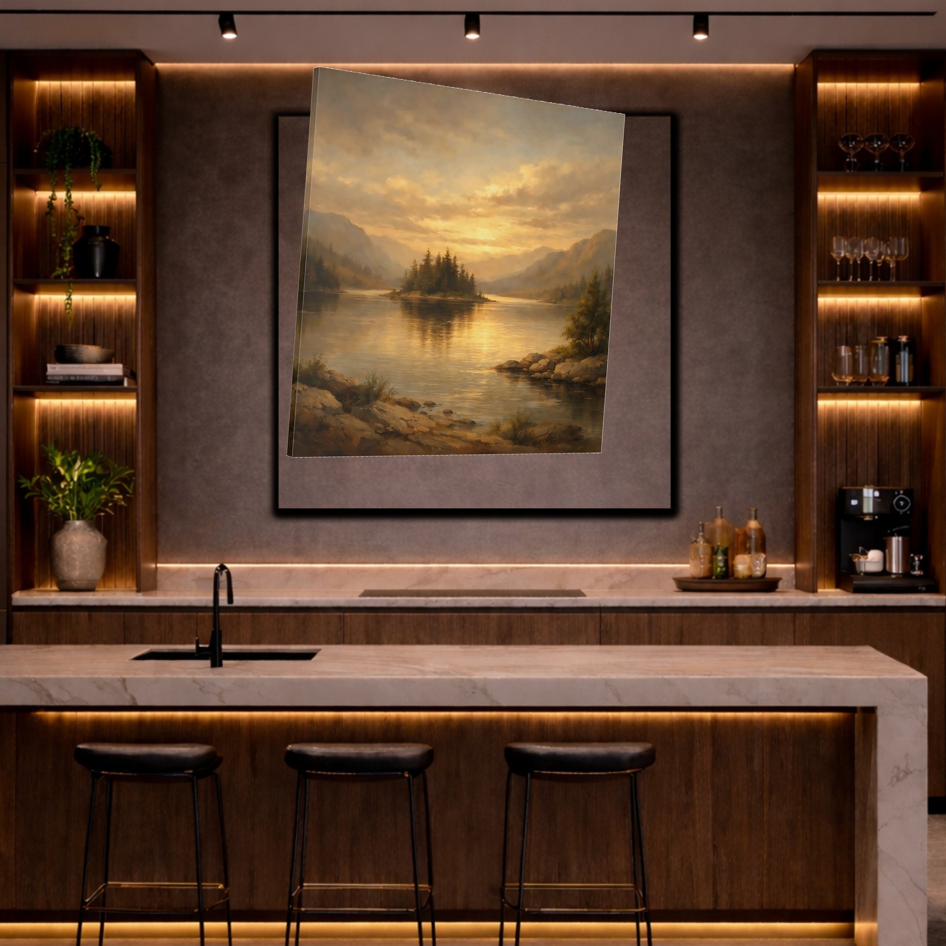 Mockup 7. Nature Lake Island Golden Mountain Lake shown as stretched canvas wall art