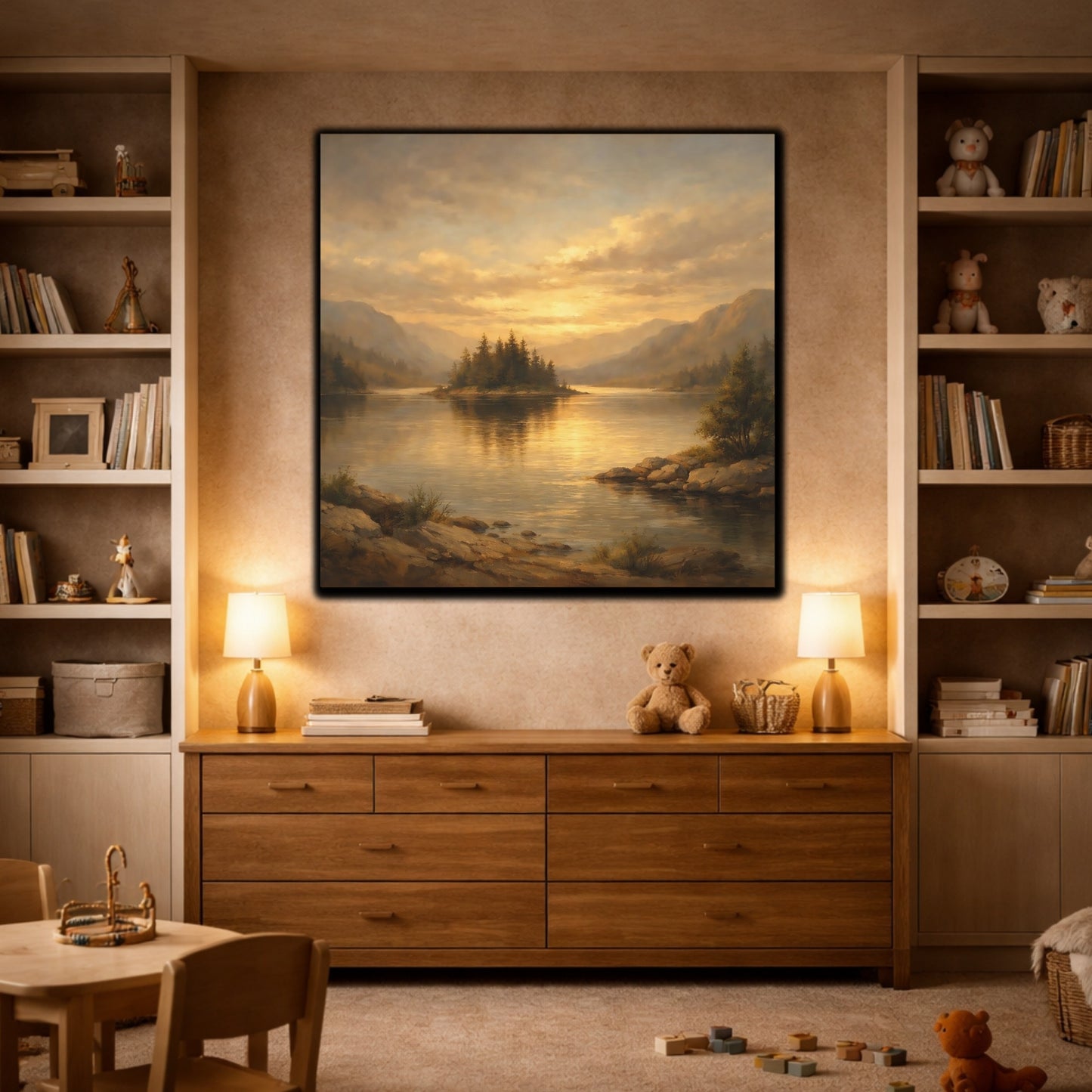 Mockup 8. Nature Lake Island Golden Mountain Lake shown as stretched canvas wall art