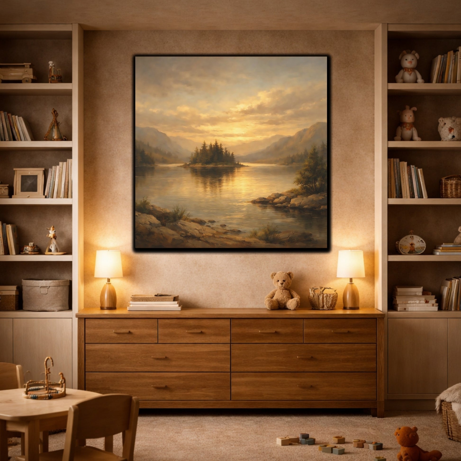 Mockup 8. Nature Lake Island Golden Mountain Lake shown as stretched canvas wall art