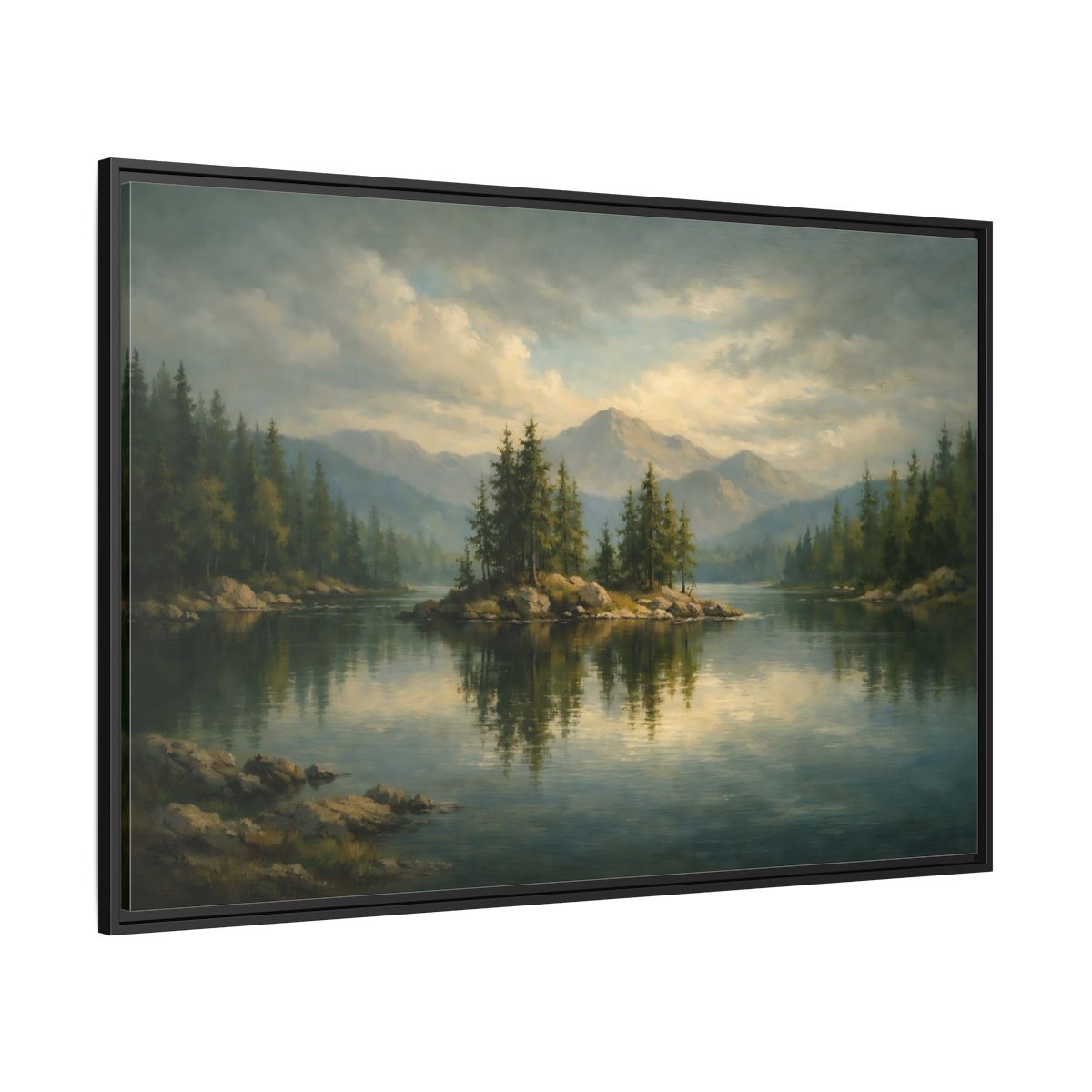 Side Mockup 12. Nature Lake Island Green And Blue Lake shown as stretched canvas wall art