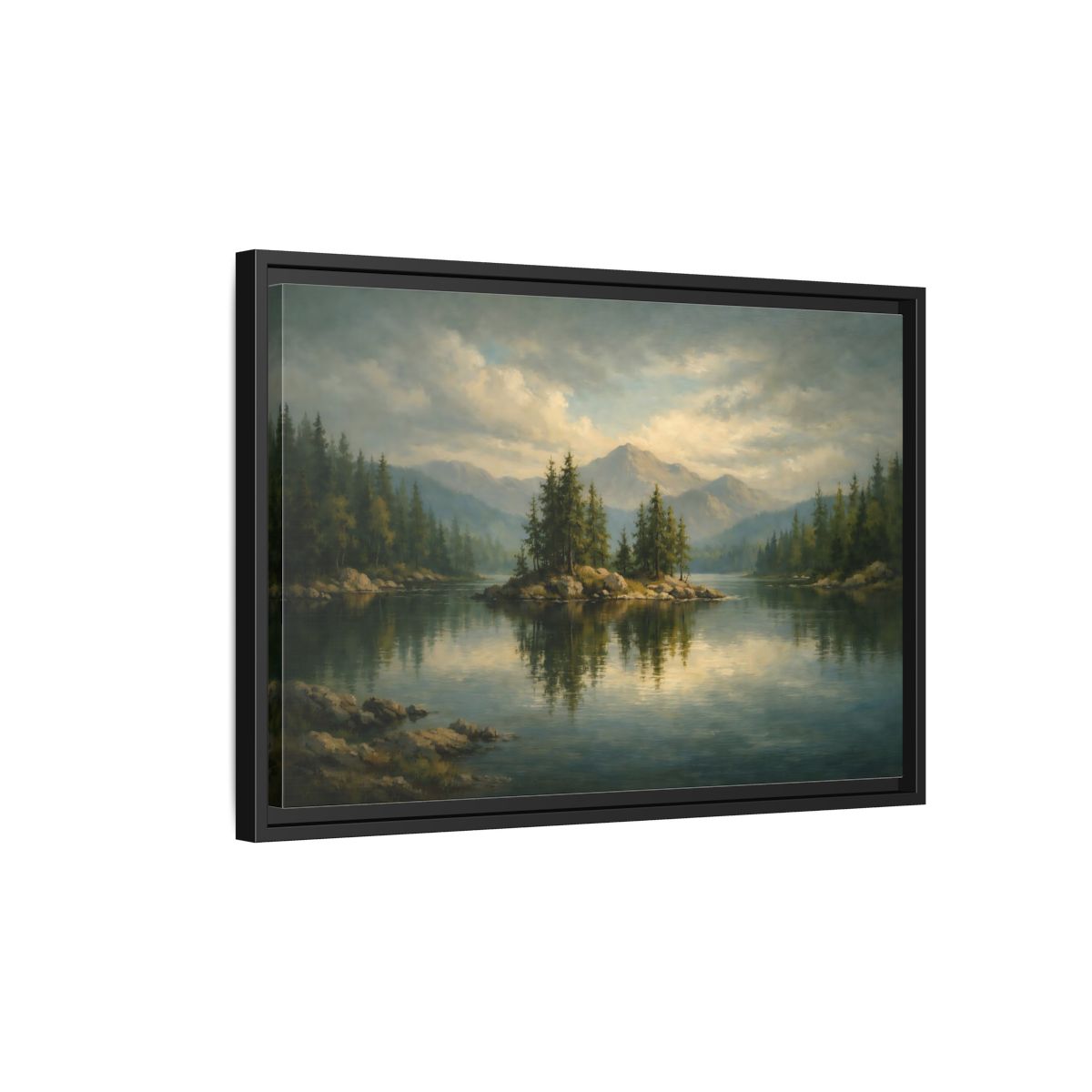 Side Mockup 3. Nature Lake Island Green And Blue Lake shown as stretched canvas wall art
