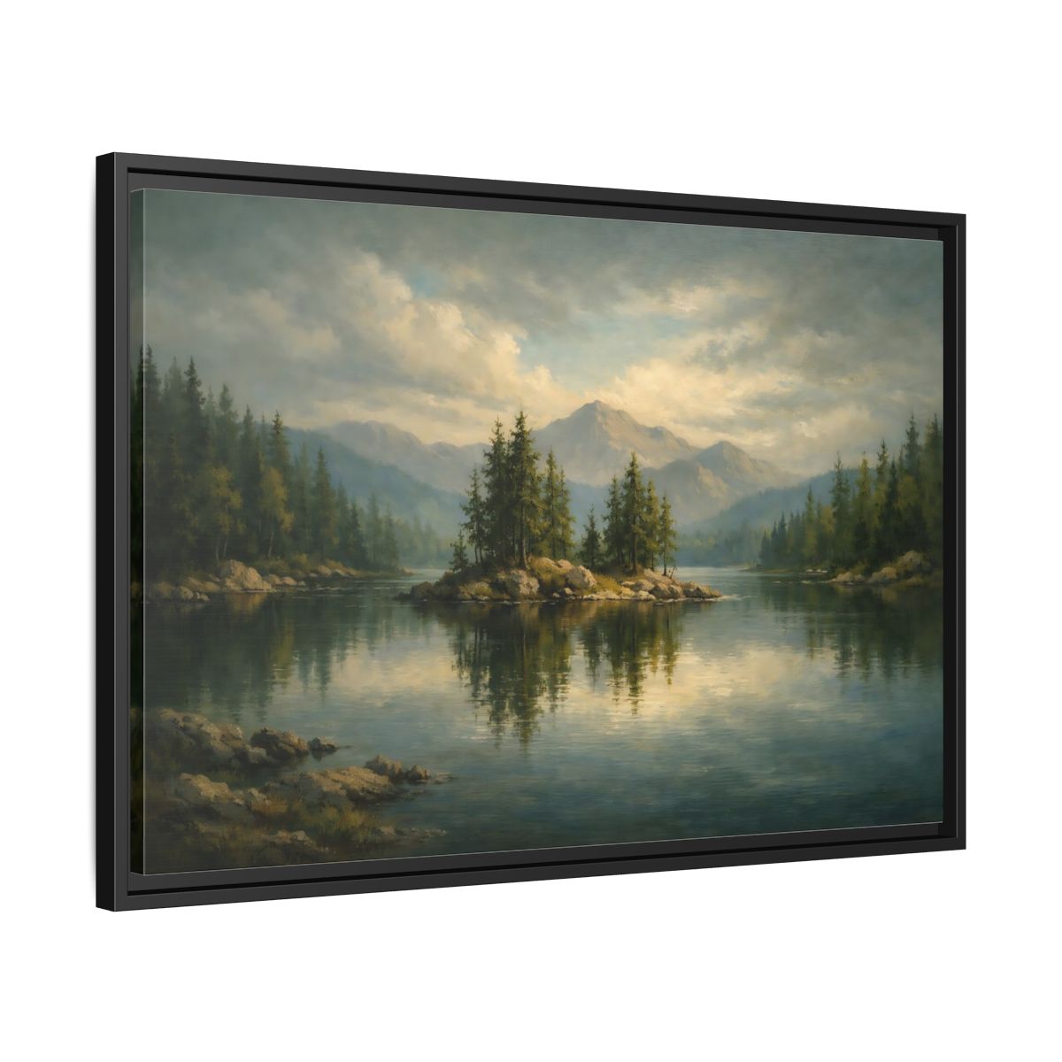 Side Mockup 14. Nature Lake Island Green And Blue Lake shown as stretched canvas wall art