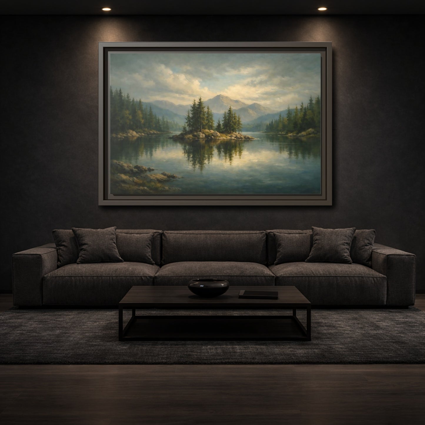Mockup 2. Nature Lake Island Green And Blue Lake shown as stretched canvas wall art