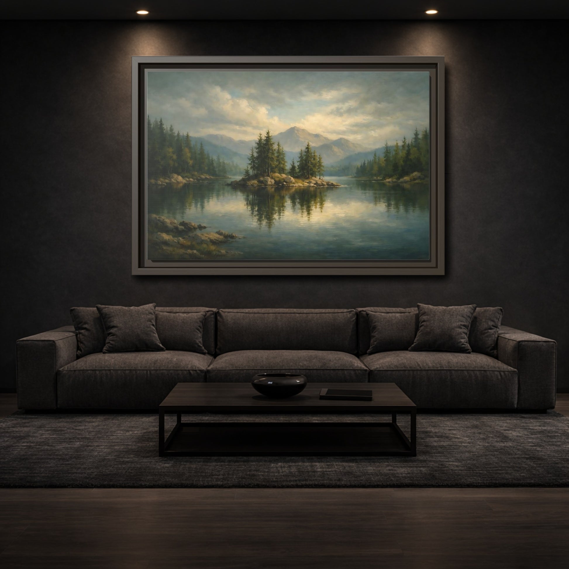 Mockup 2. Nature Lake Island Green And Blue Lake shown as stretched canvas wall art
