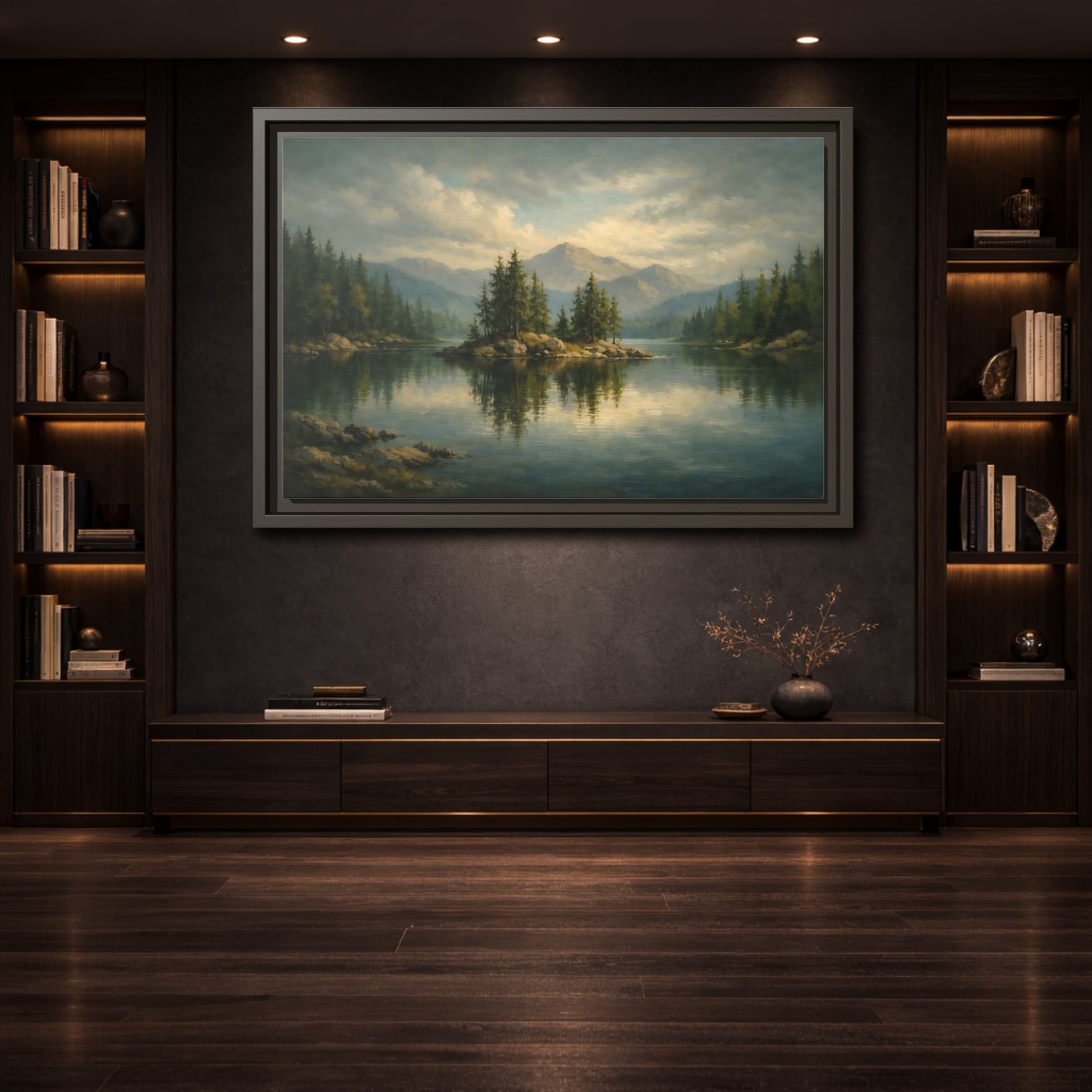 Mockup 3. Nature Lake Island Green And Blue Lake shown as stretched canvas wall art