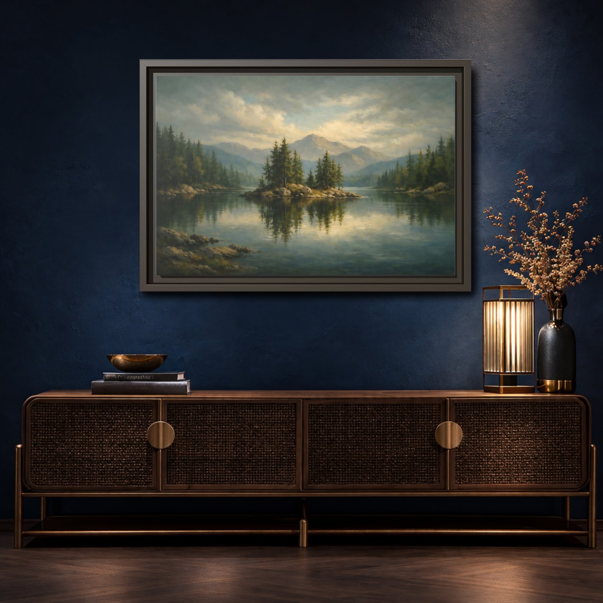Mockup 4. Nature Lake Island Green And Blue Lake shown as stretched canvas wall art