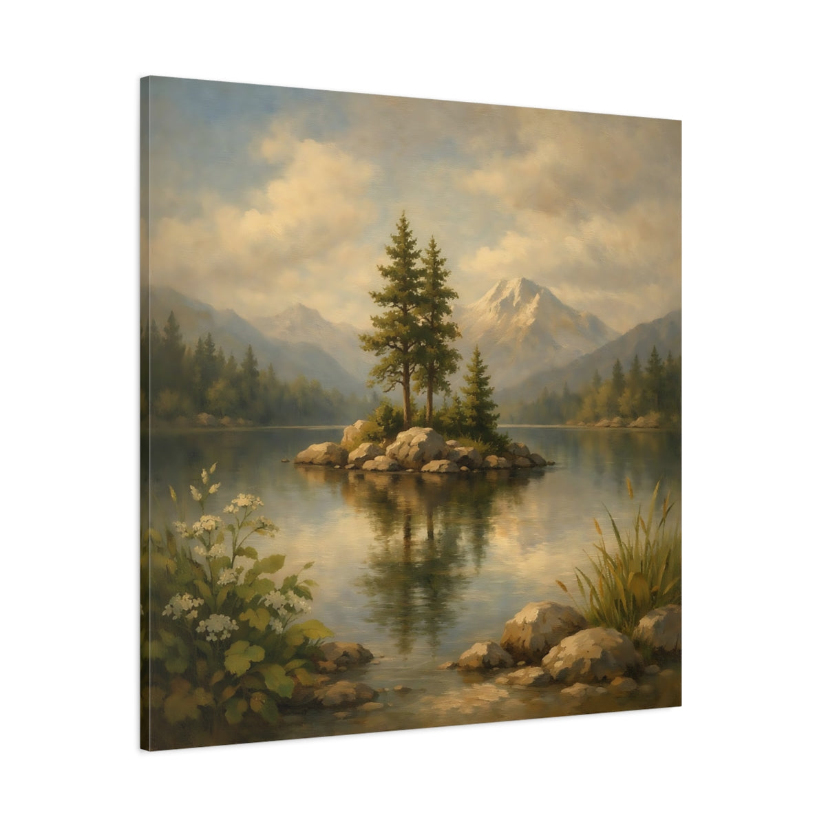Main Mockup. Nature Lake Island Green Blue Landscape shown as stretched canvas wall art