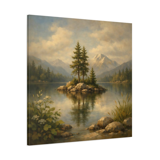 Main Mockup. Nature Lake Island Green Blue Landscape shown as stretched canvas wall art