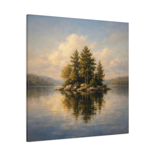 Main Mockup. Nature Lake Island Green Blue Landscape shown as stretched canvas wall art