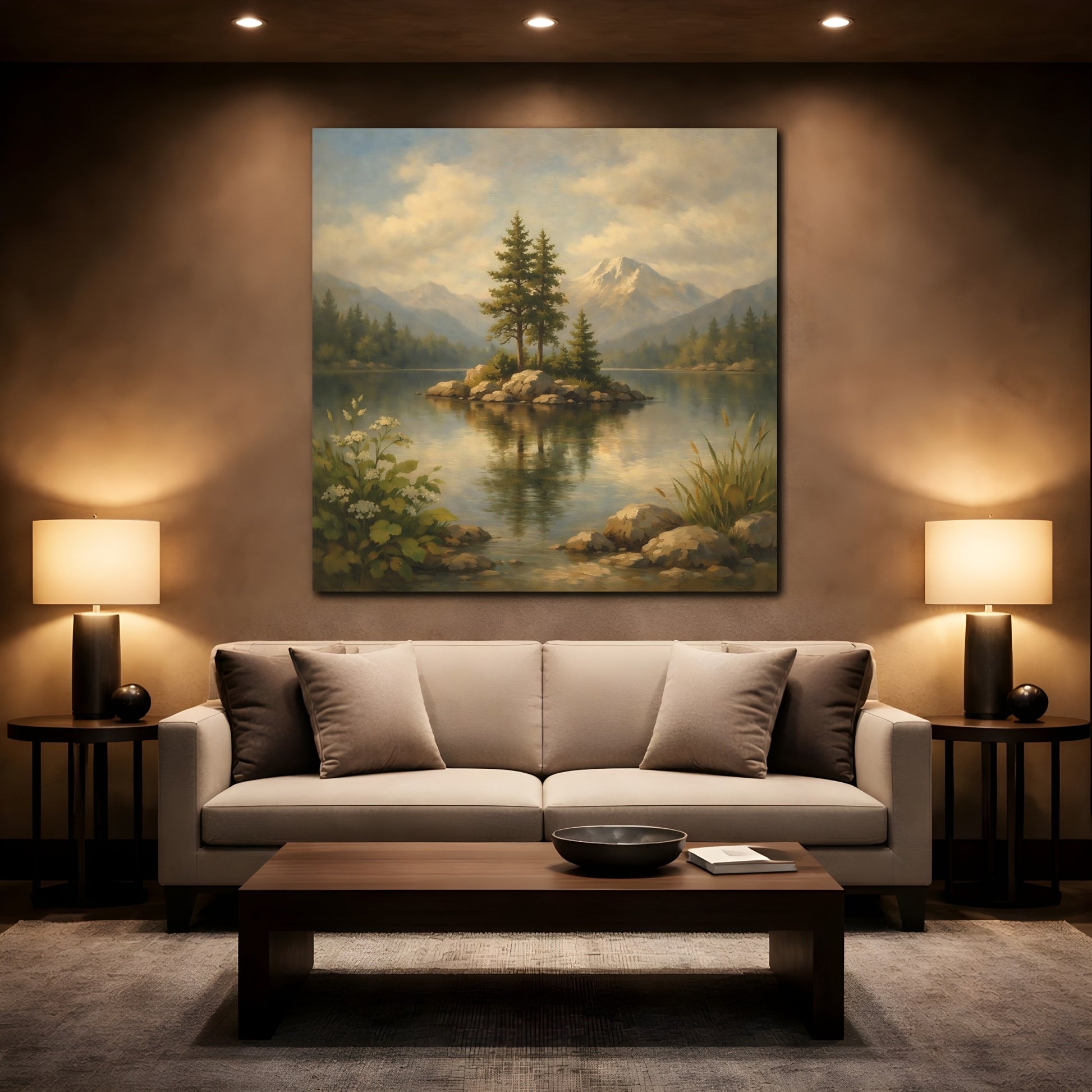 Mockup 2. Nature Lake Island Green Blue Landscape shown as stretched canvas wall art