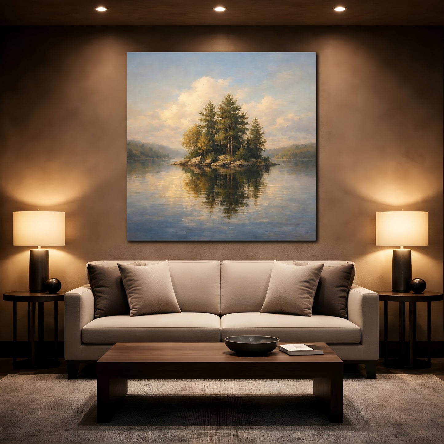 Mockup 2. Nature Lake Island Green Blue Landscape shown as stretched canvas wall art