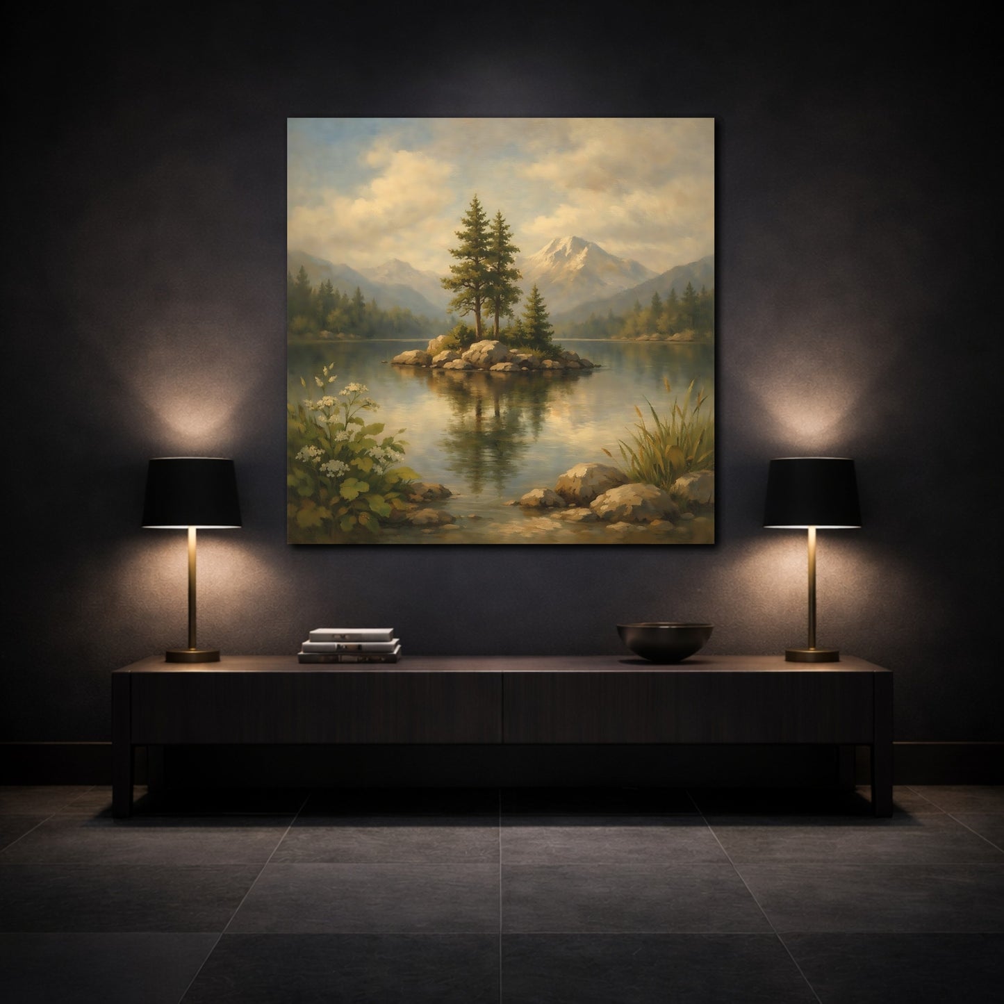 Mockup 3. Nature Lake Island Green Blue Landscape shown as stretched canvas wall art