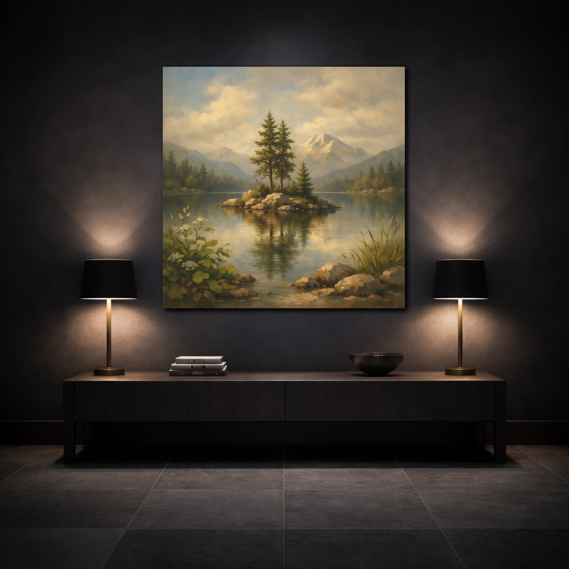 Mockup 3. Nature Lake Island Green Blue Landscape shown as stretched canvas wall art