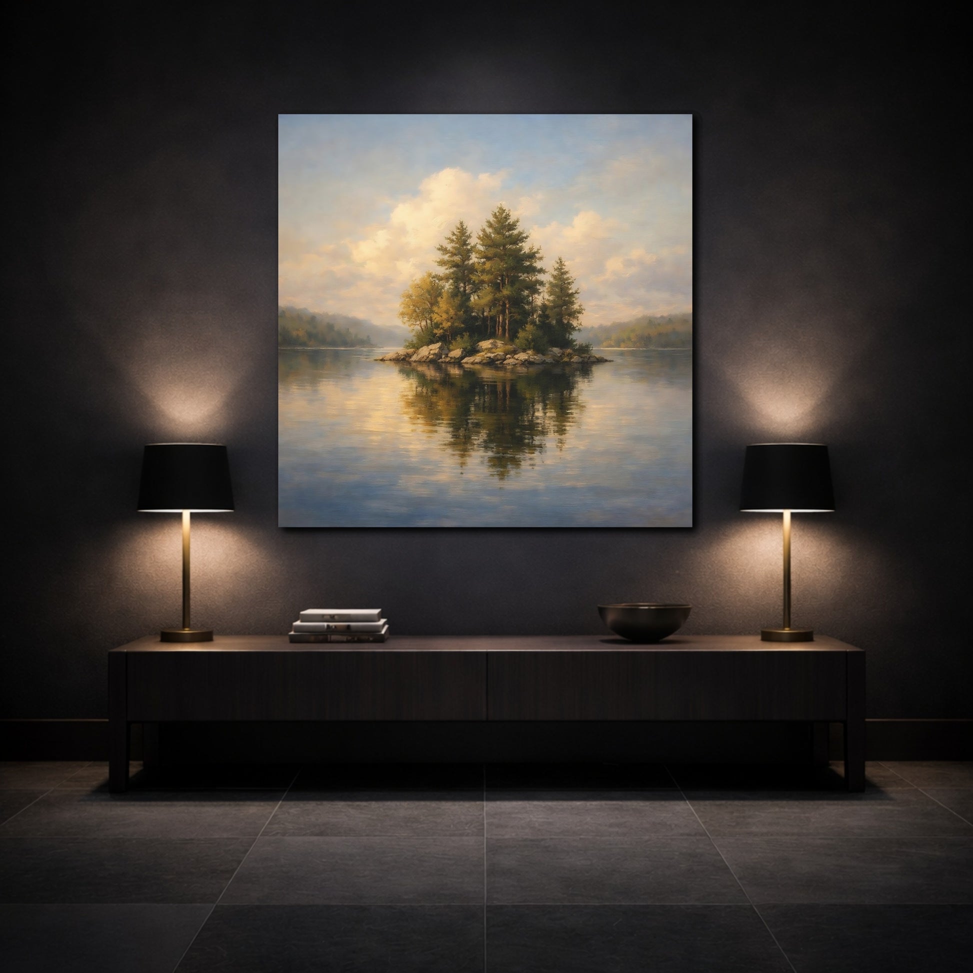 Mockup 3. Nature Lake Island Green Blue Landscape shown as stretched canvas wall art