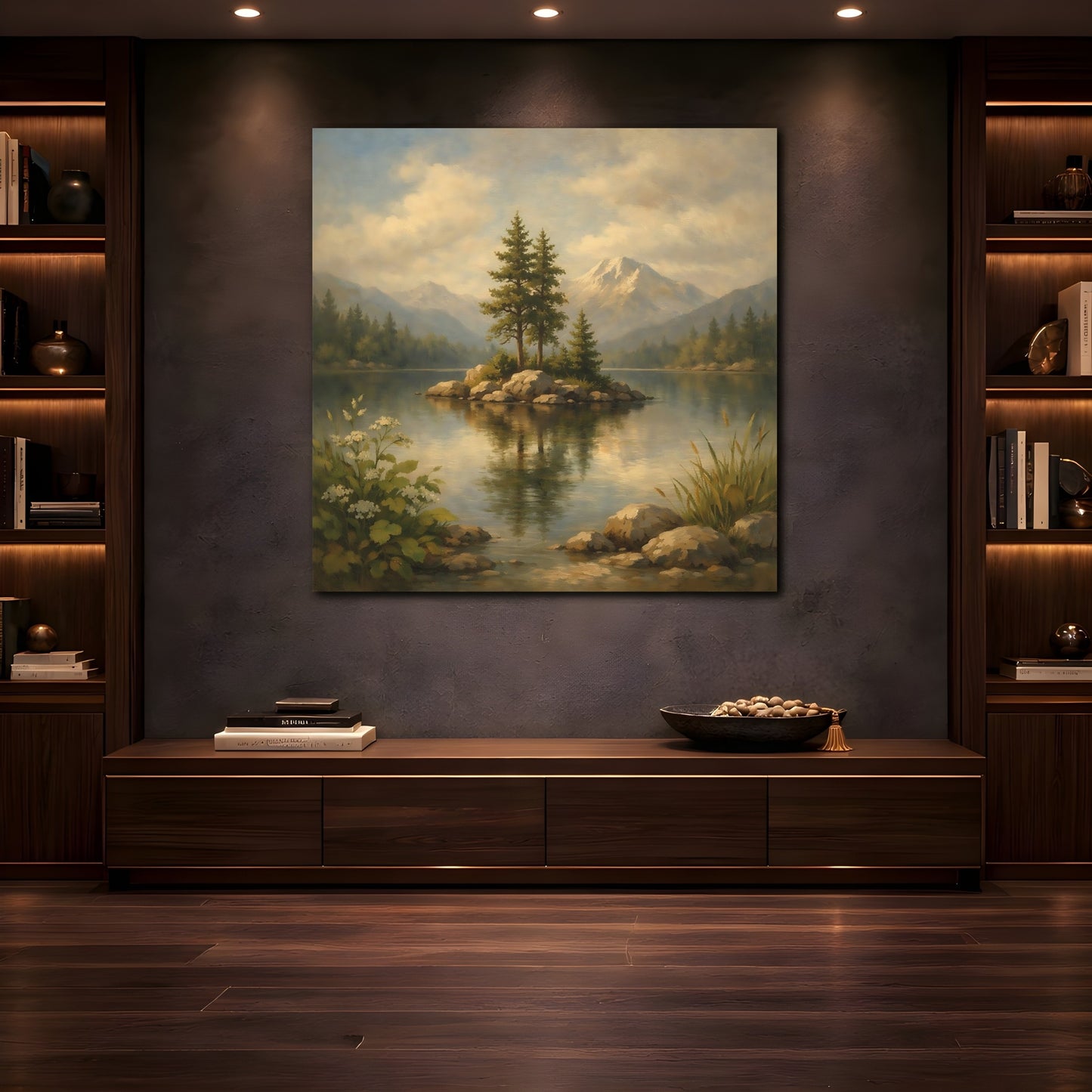 Mockup 4. Nature Lake Island Green Blue Landscape shown as stretched canvas wall art