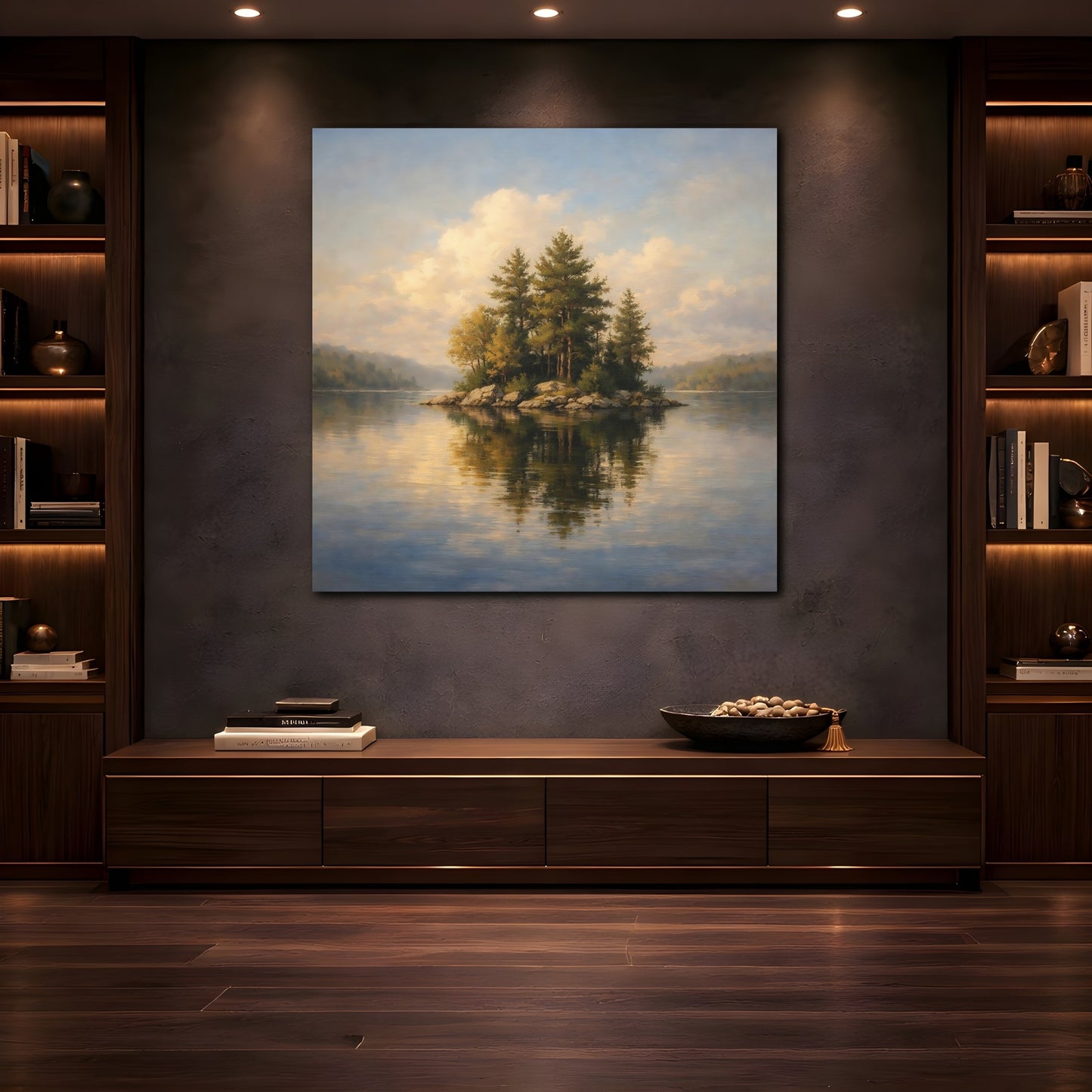 Mockup 4. Nature Lake Island Green Blue Landscape shown as stretched canvas wall art