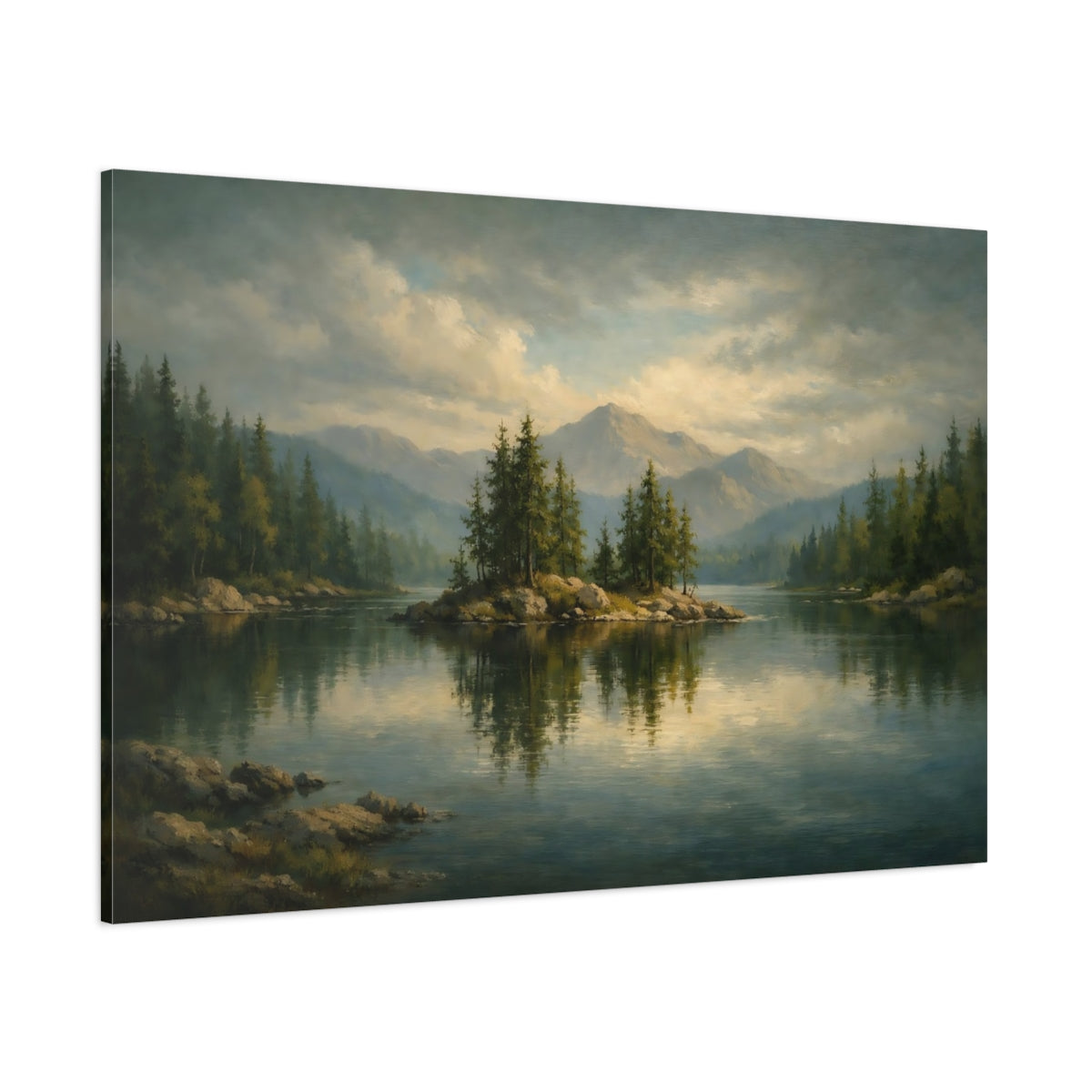 Main Mockup. Nature Lake Island Green Lake Landscape shown as stretched canvas wall art