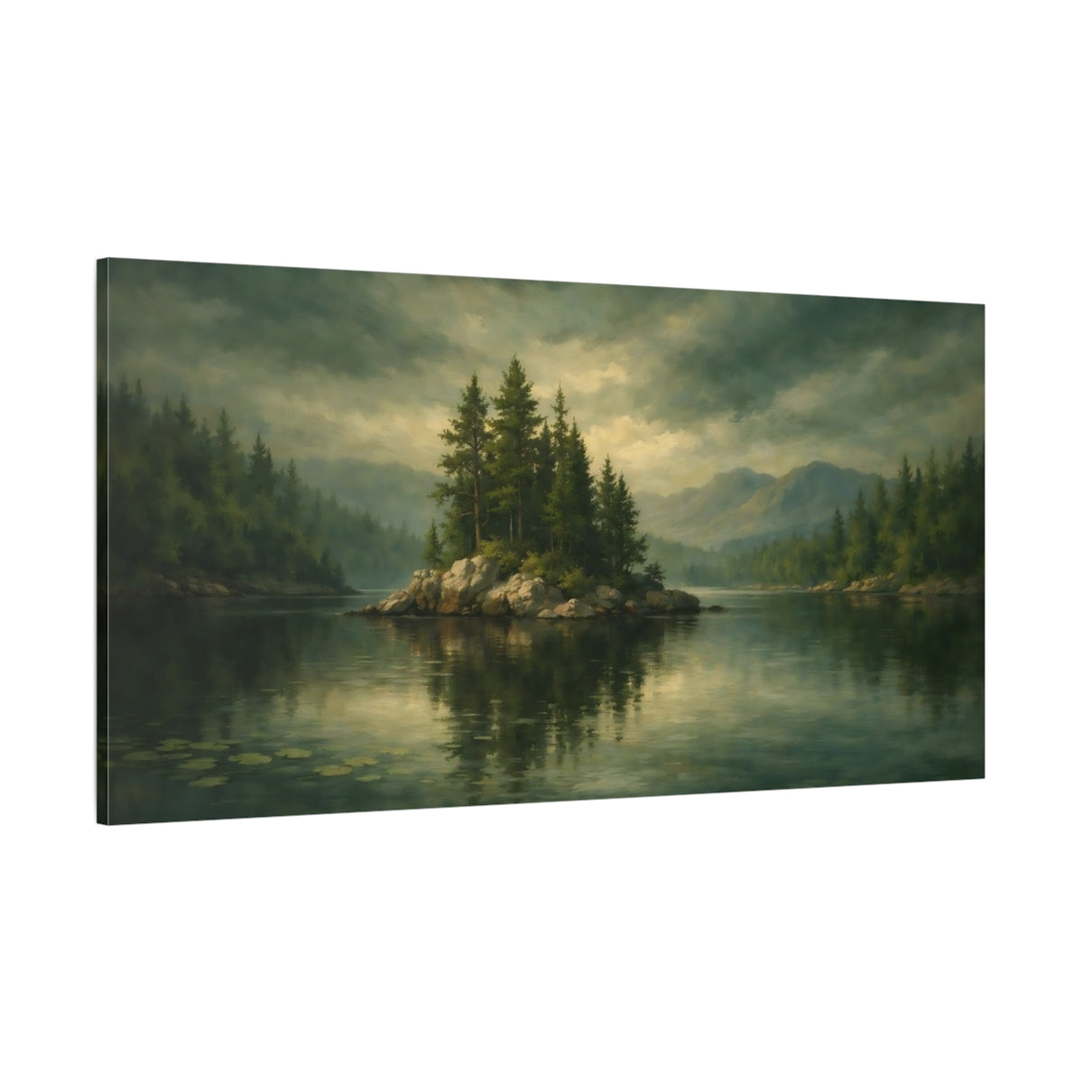 Main Mockup. Nature Lake Island Green Lake Landscape shown as stretched canvas wall art