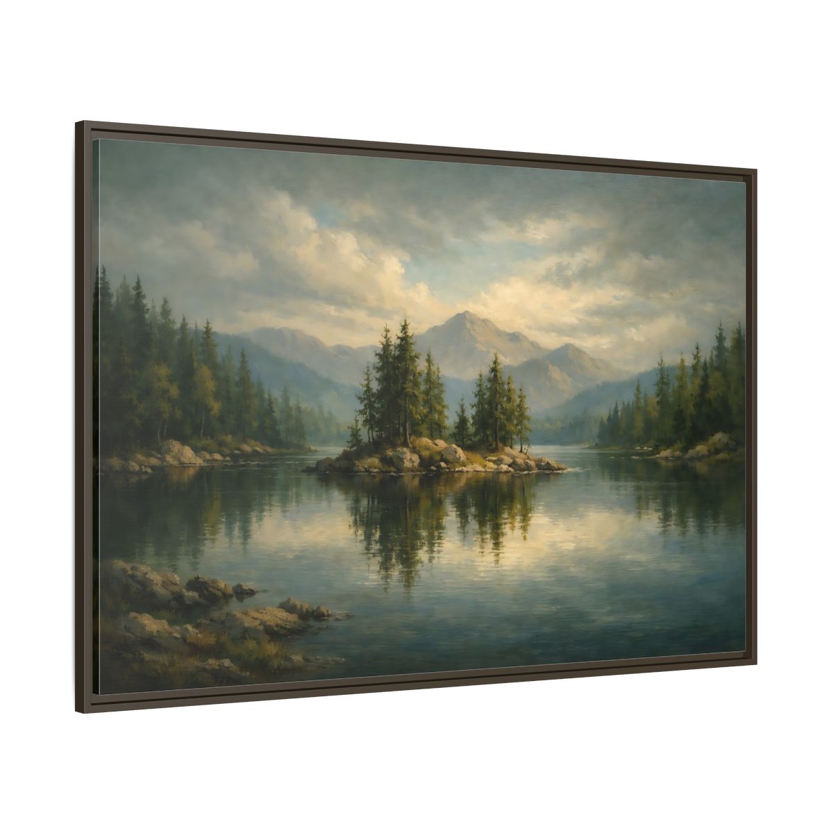 Main Mockup. Nature Lake Island Green Lake Landscape shown as stretched canvas wall art