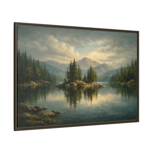 Main Mockup. Nature Lake Island Green Lake Landscape shown as stretched canvas wall art