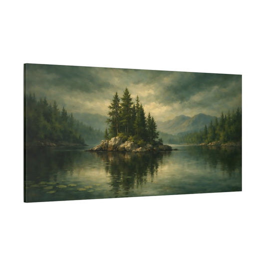 Main Mockup. Nature Lake Island Green Lake Landscape shown as stretched canvas wall art